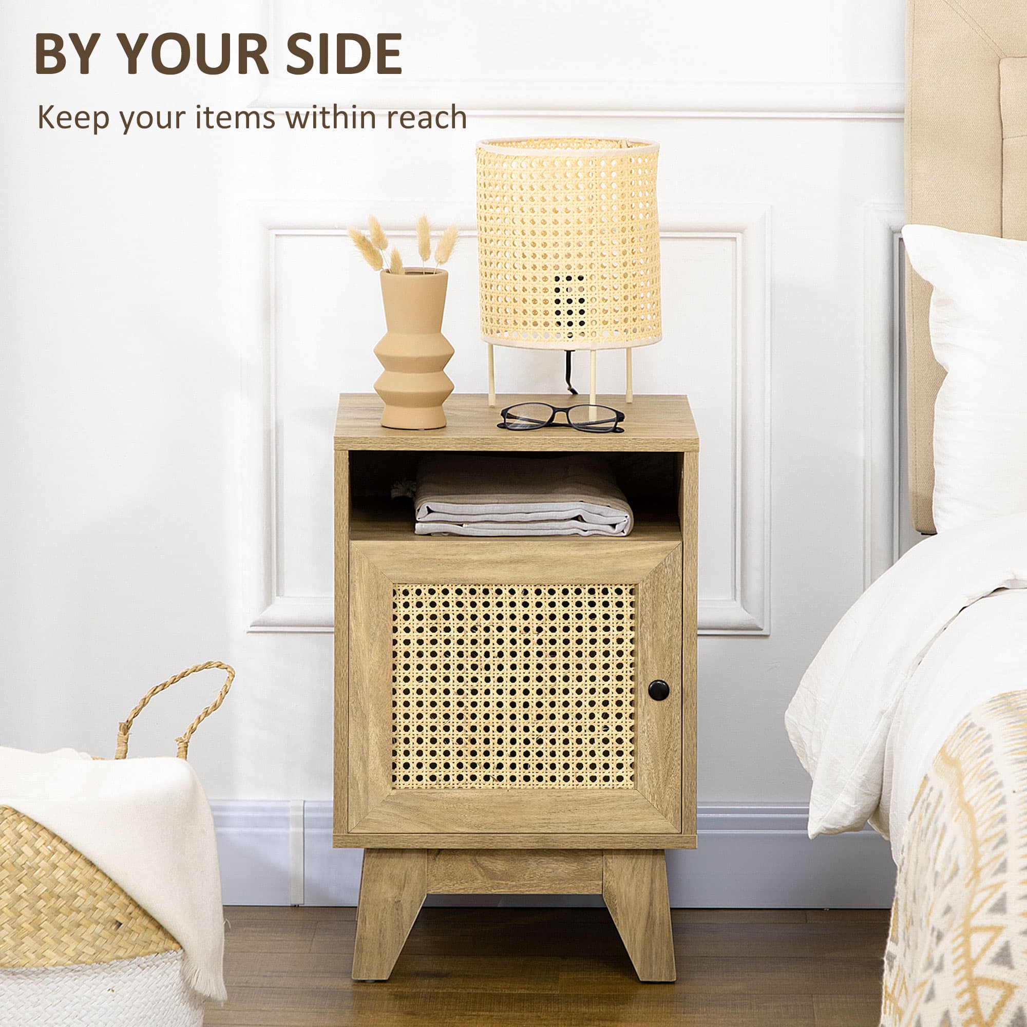 Pair of Rattan-Panel Bedside Tables with Open Shelf - image 2
