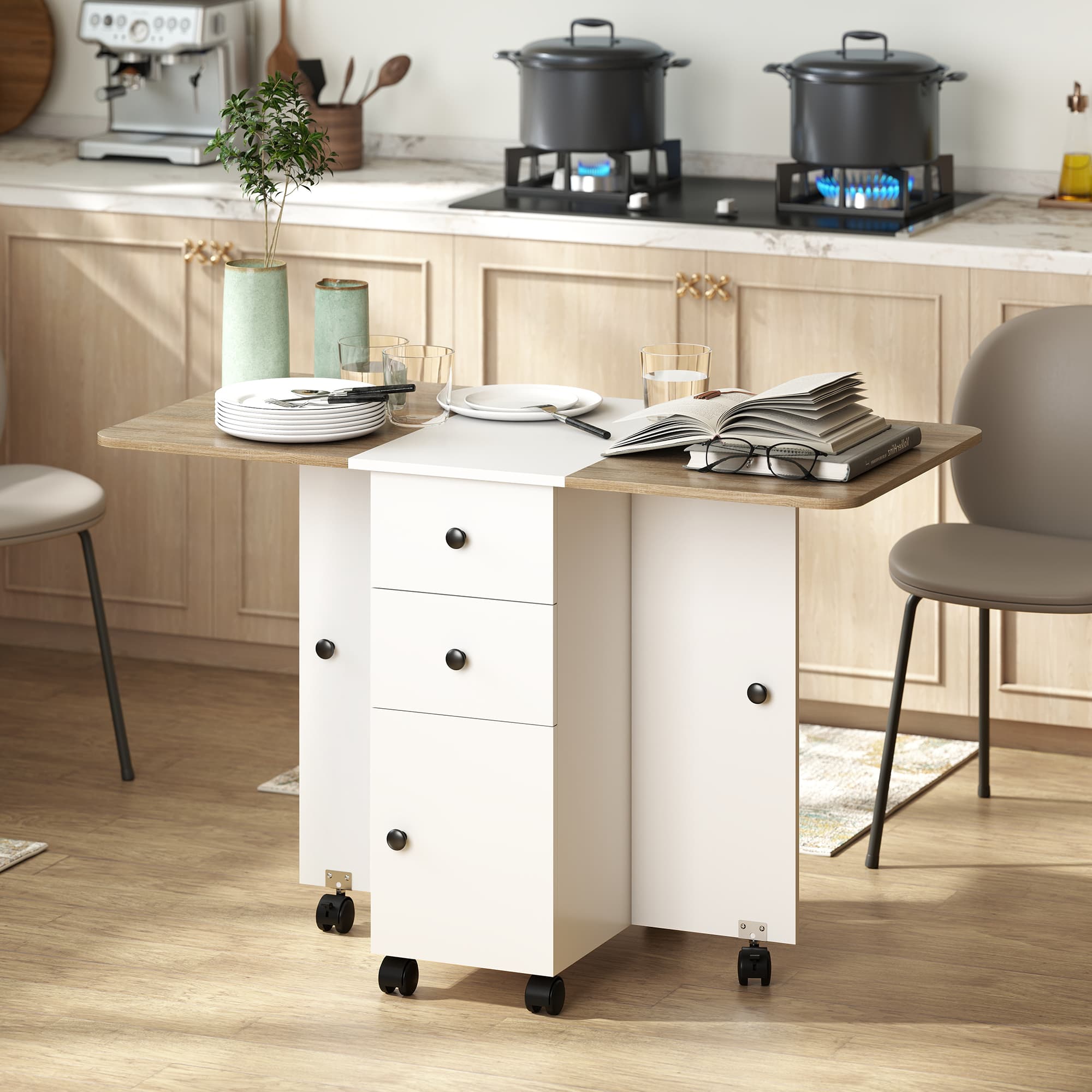 Oak and White Drop Leaf Dining Table with Storage - image 7