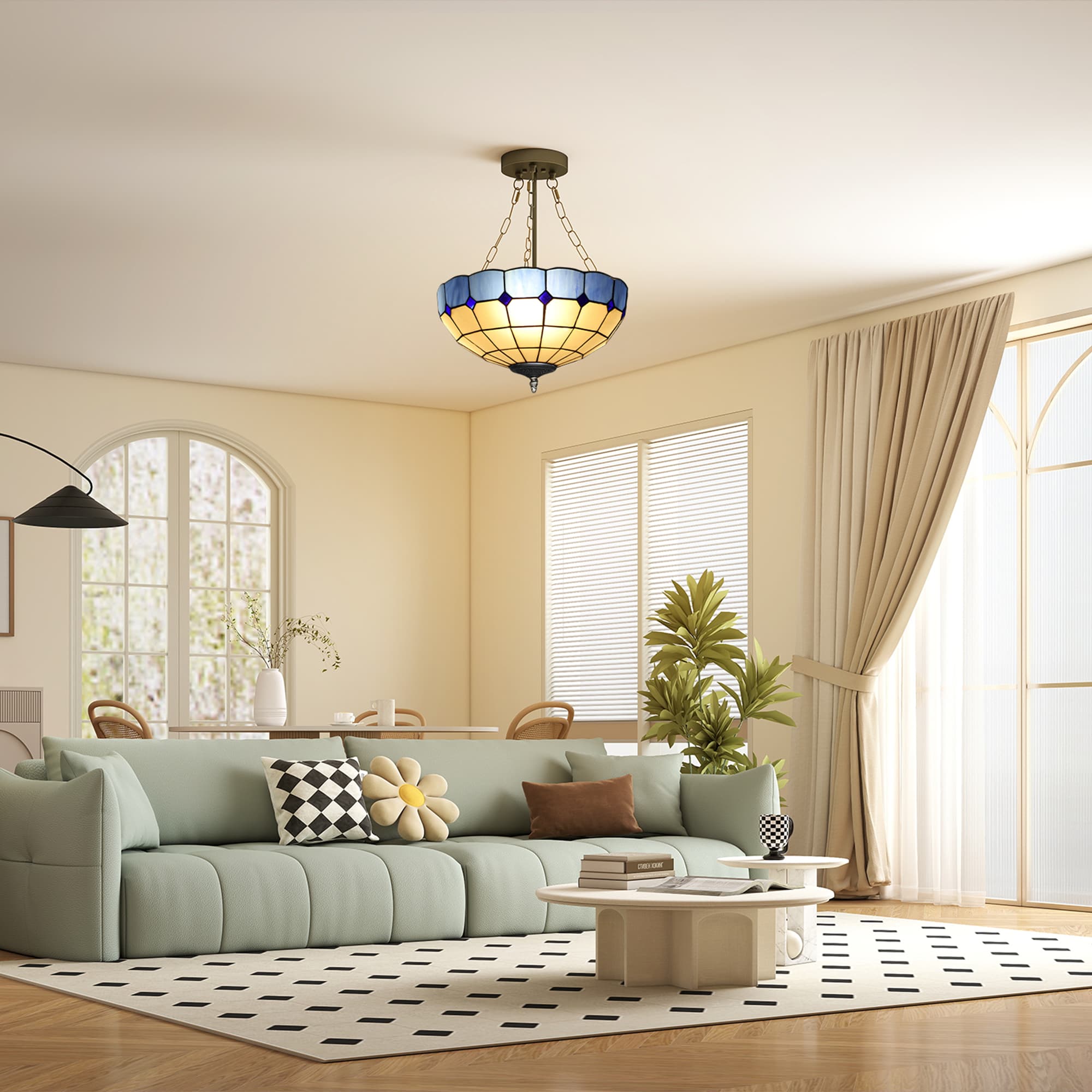 Blue Tiffany Pendant Light – Stained Glass Shade and Brass Chain - image 5