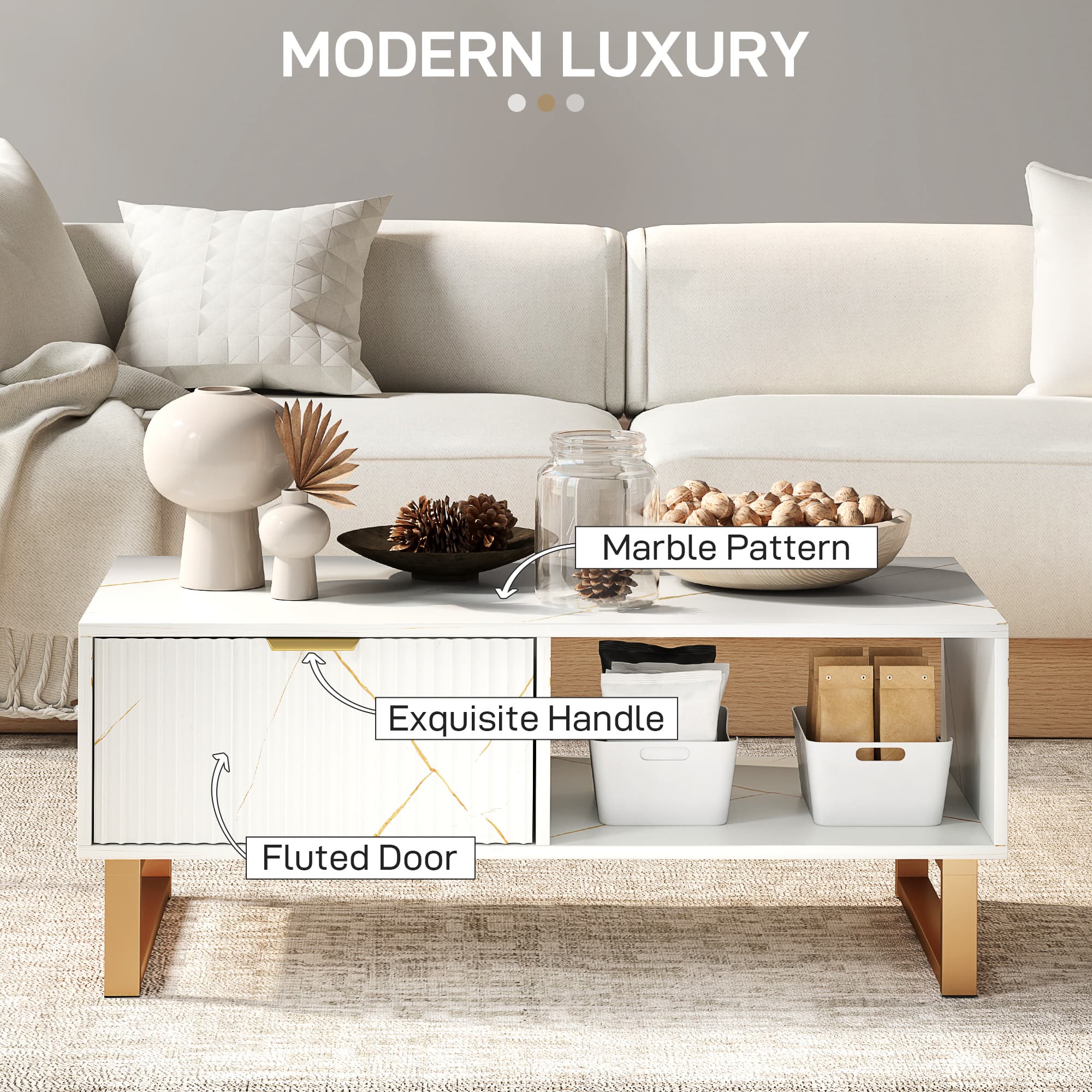 White Marble-Effect Coffee Table with Storage Drawer - image 1