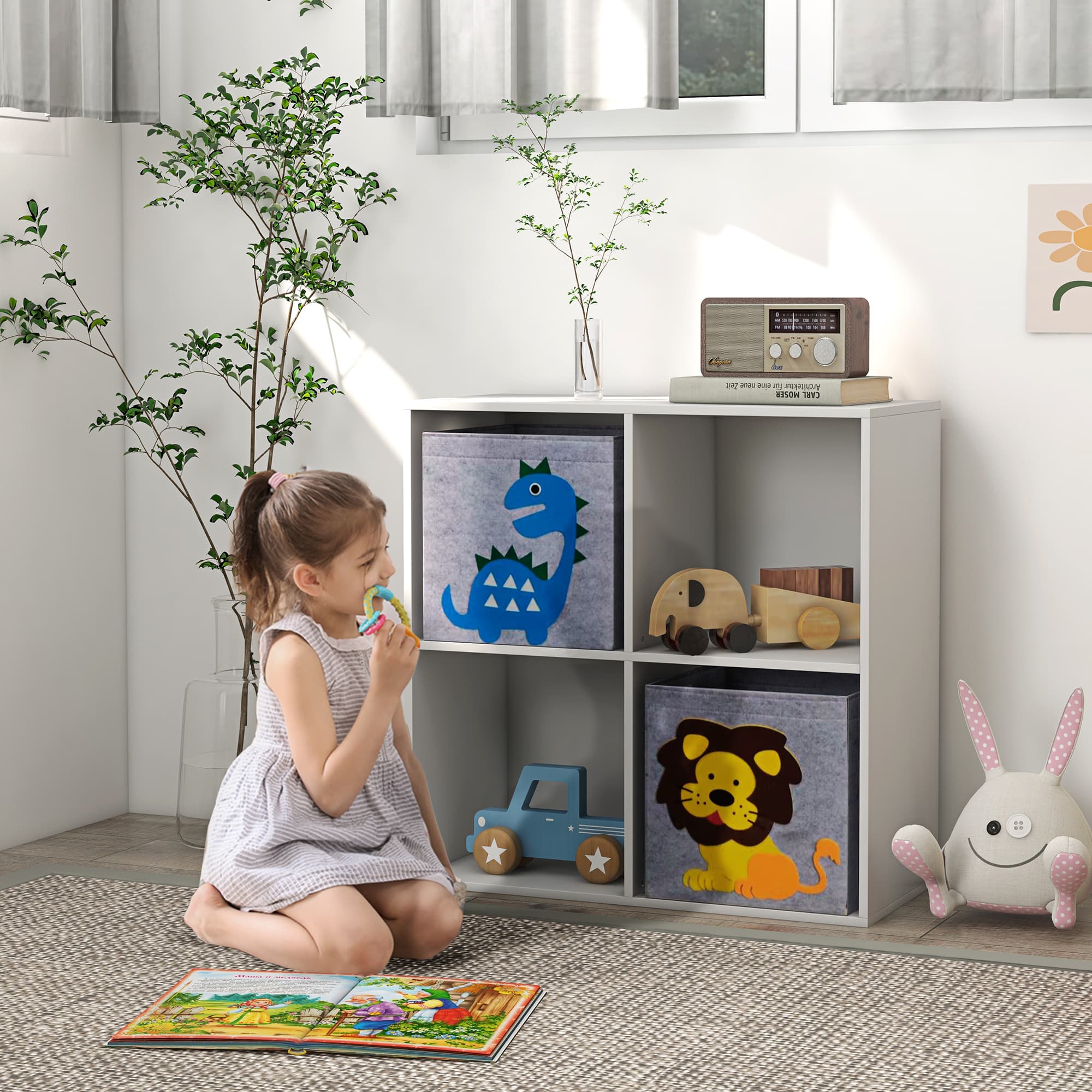 White Kids 4-Cube Toy Storage Unit with Fabric Animal Boxes - image 10