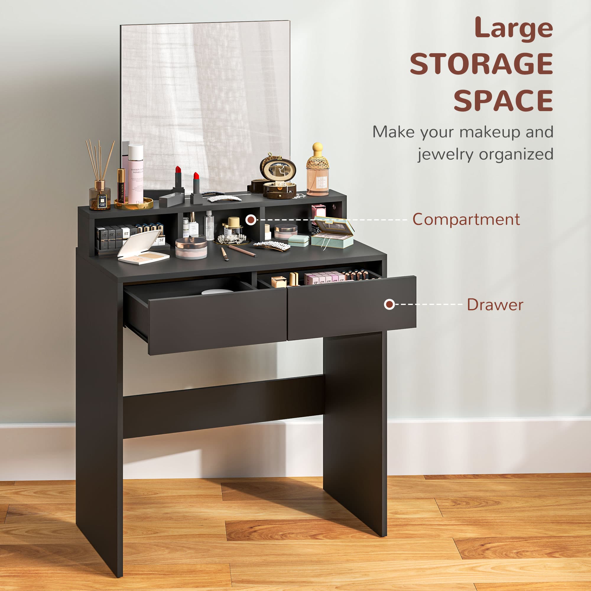 A compact black dressing table with mirror and built-in storage - image 3