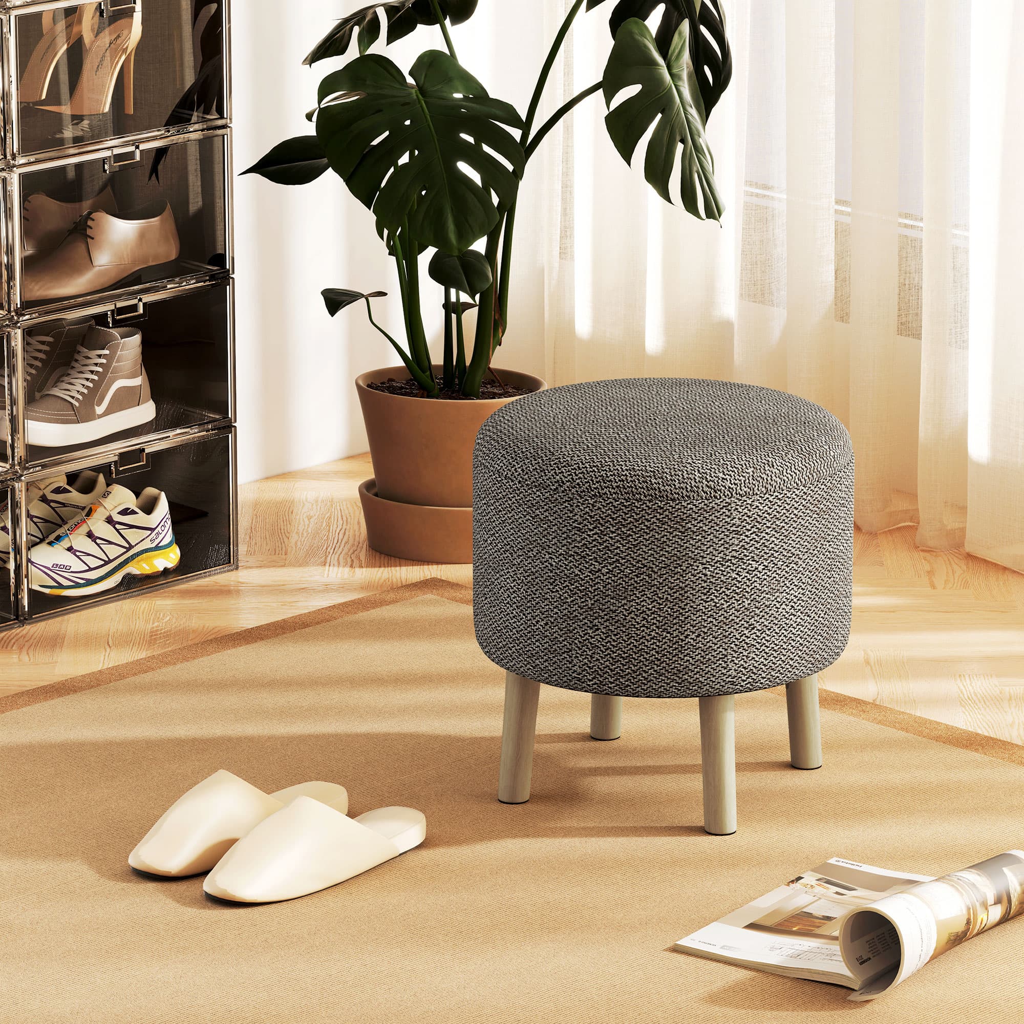 Effortless Storage: Light Grey Round Linen-Look Ottoman - image 2