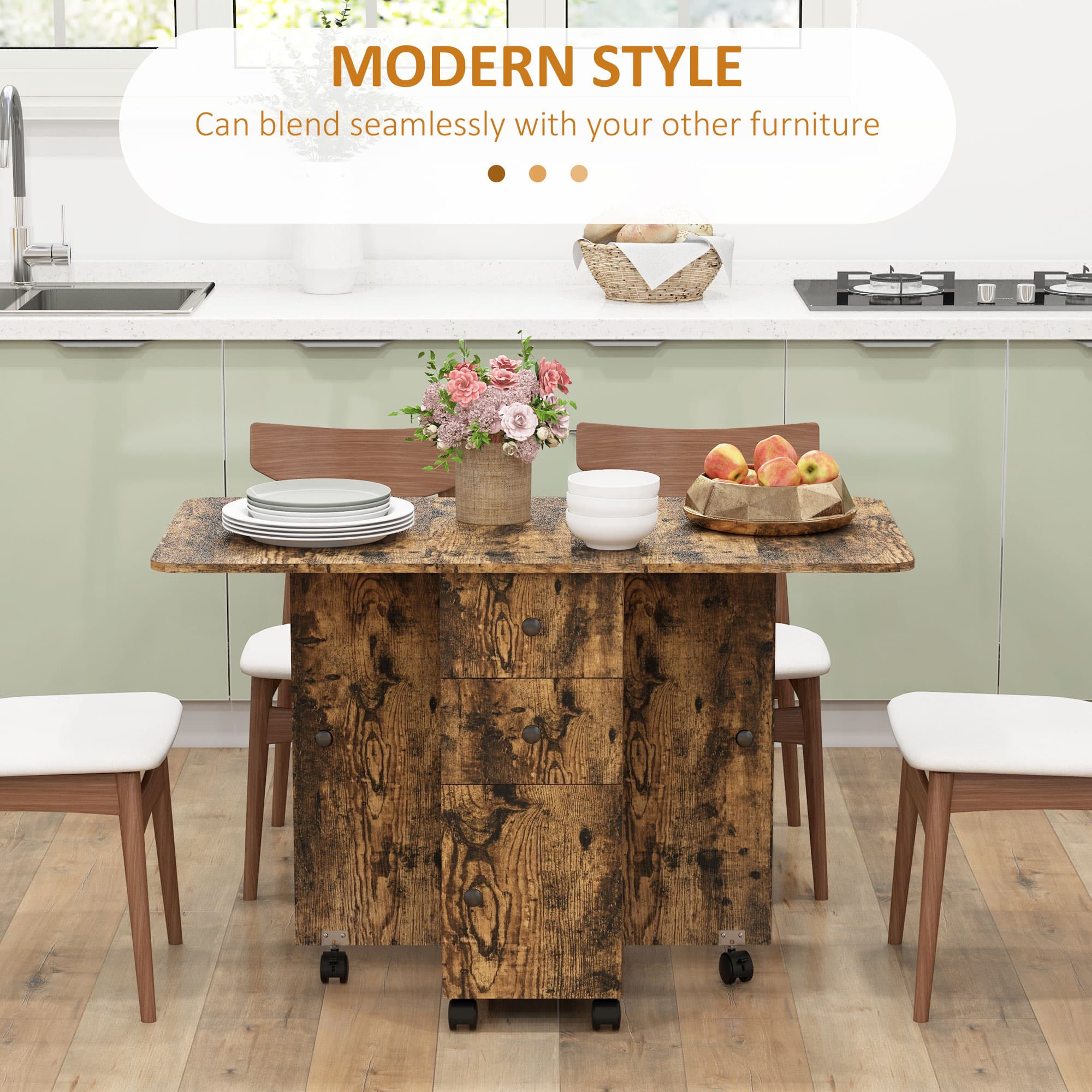 Extendable Drop Leaf Dining Table with Storage – Rustic Brown - image 1