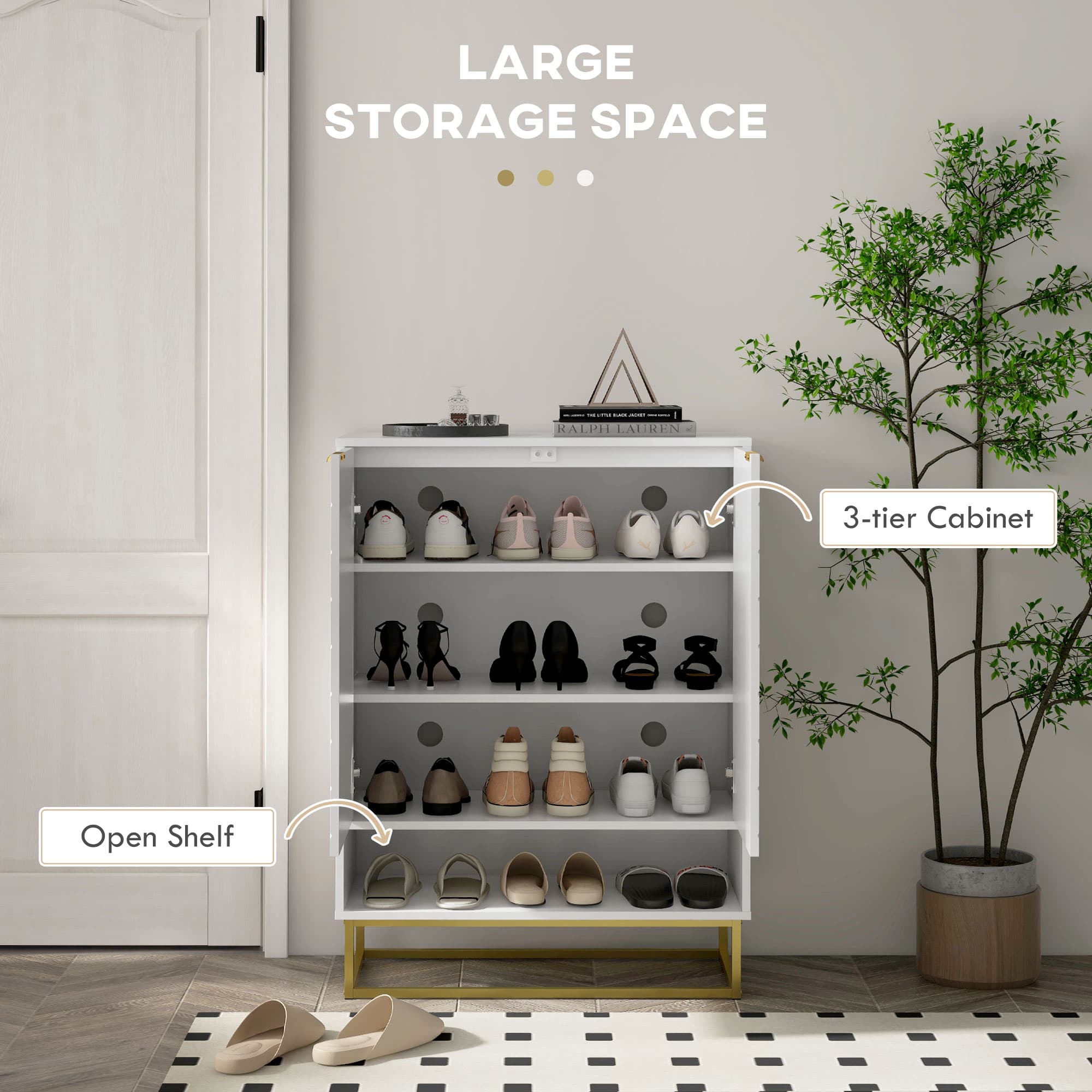 White Shoe Cabinet with Chevron Doors and Gold Base Frame - image 1