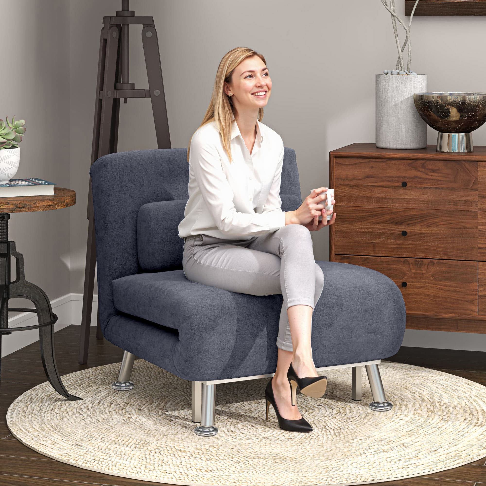 Charcoal Grey Velvet-Feel Single Sleeper Chair - image 4