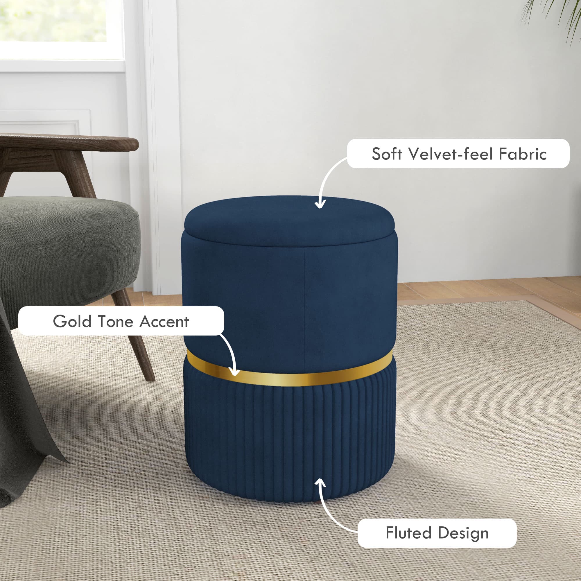Elegant Dark Blue Velvet-Feel Storage Ottoman - image 4