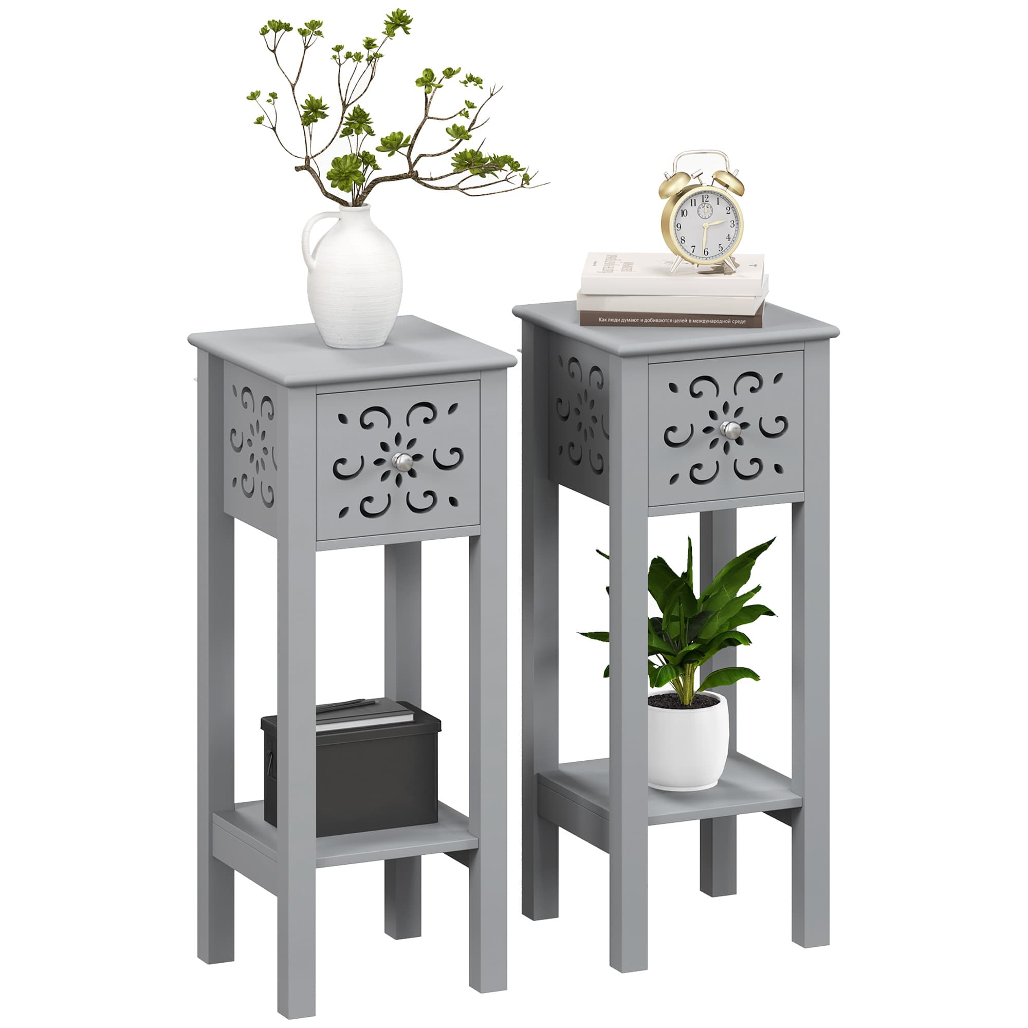 Two Grey Floral Side Tables with Drawer and Lower Shelf - Grey