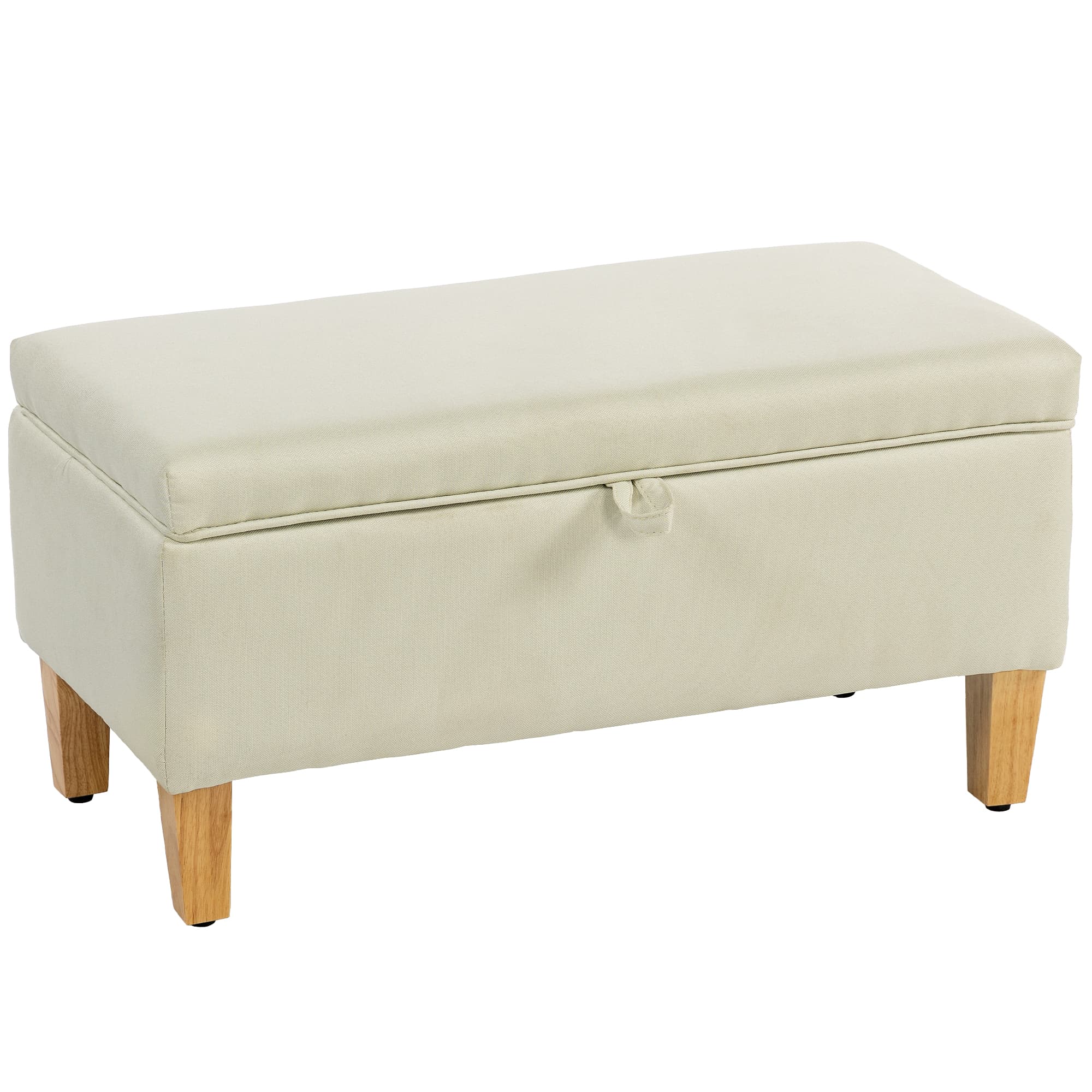 Padded Storage Ottoman Bench in Beige Linen with Wood Legs