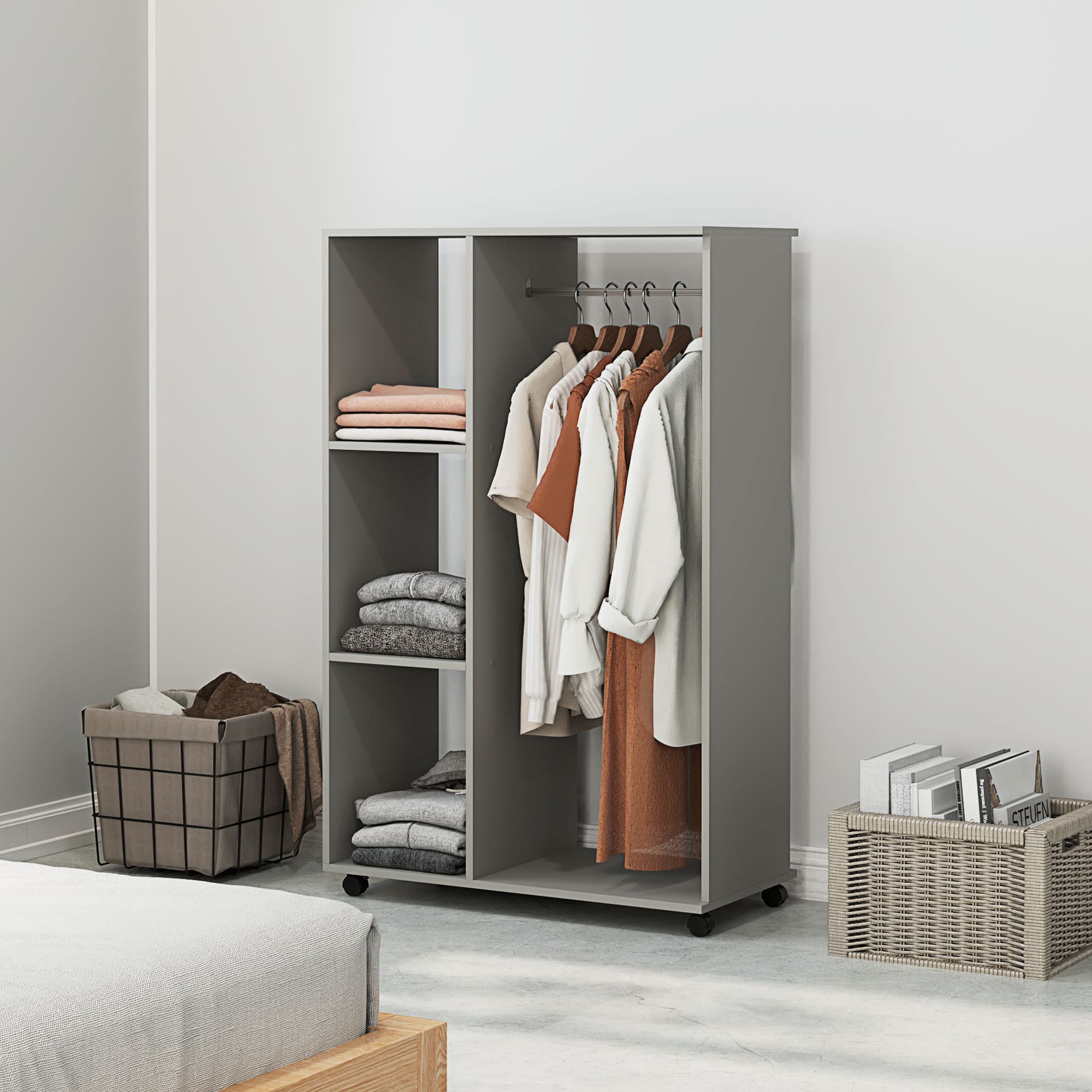 Mobile Open Wardrobe with Rail and 3 Shelves — Grey - image 1