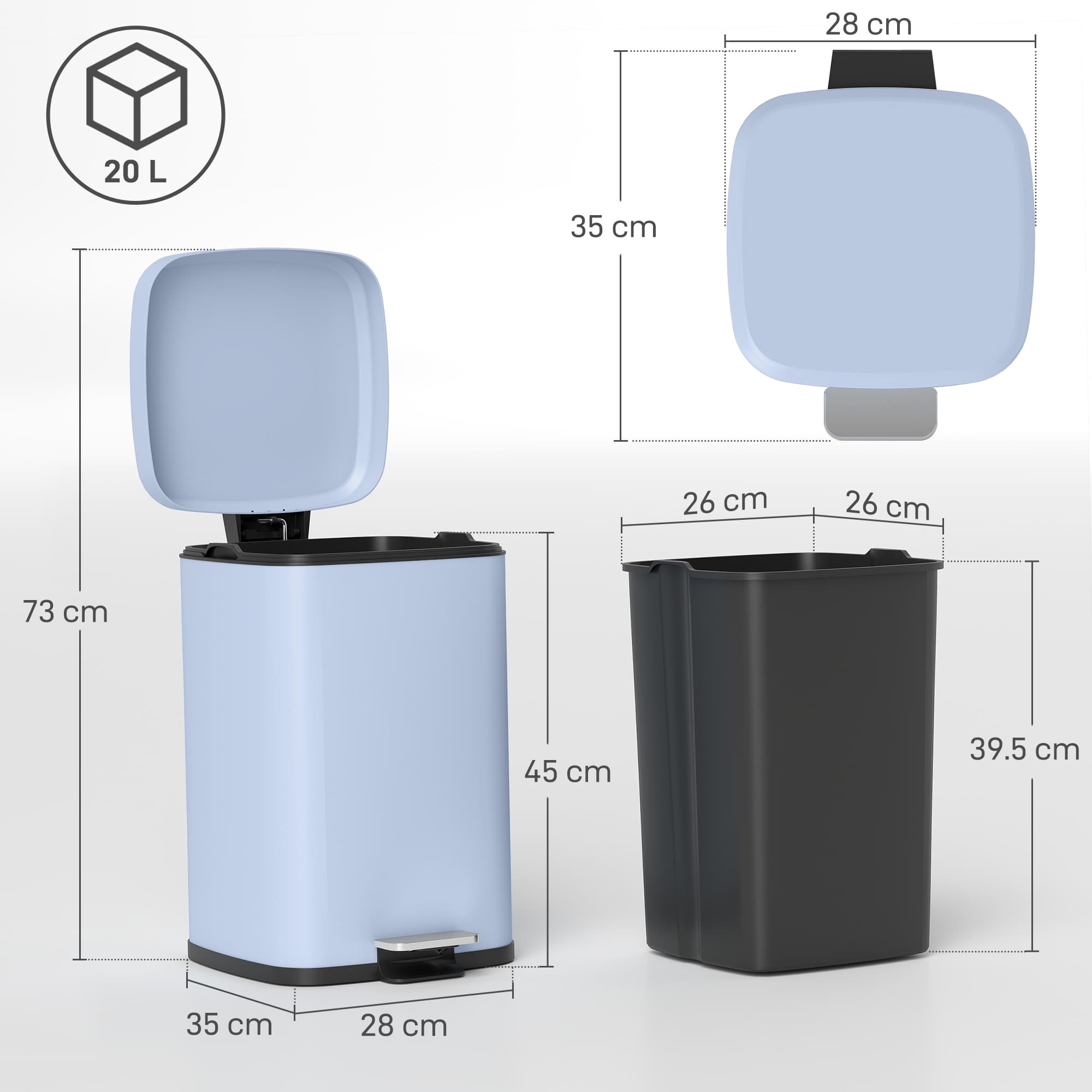 20L Metal Pedal Bin With Soft-Close Lid, Light Blue - image 5