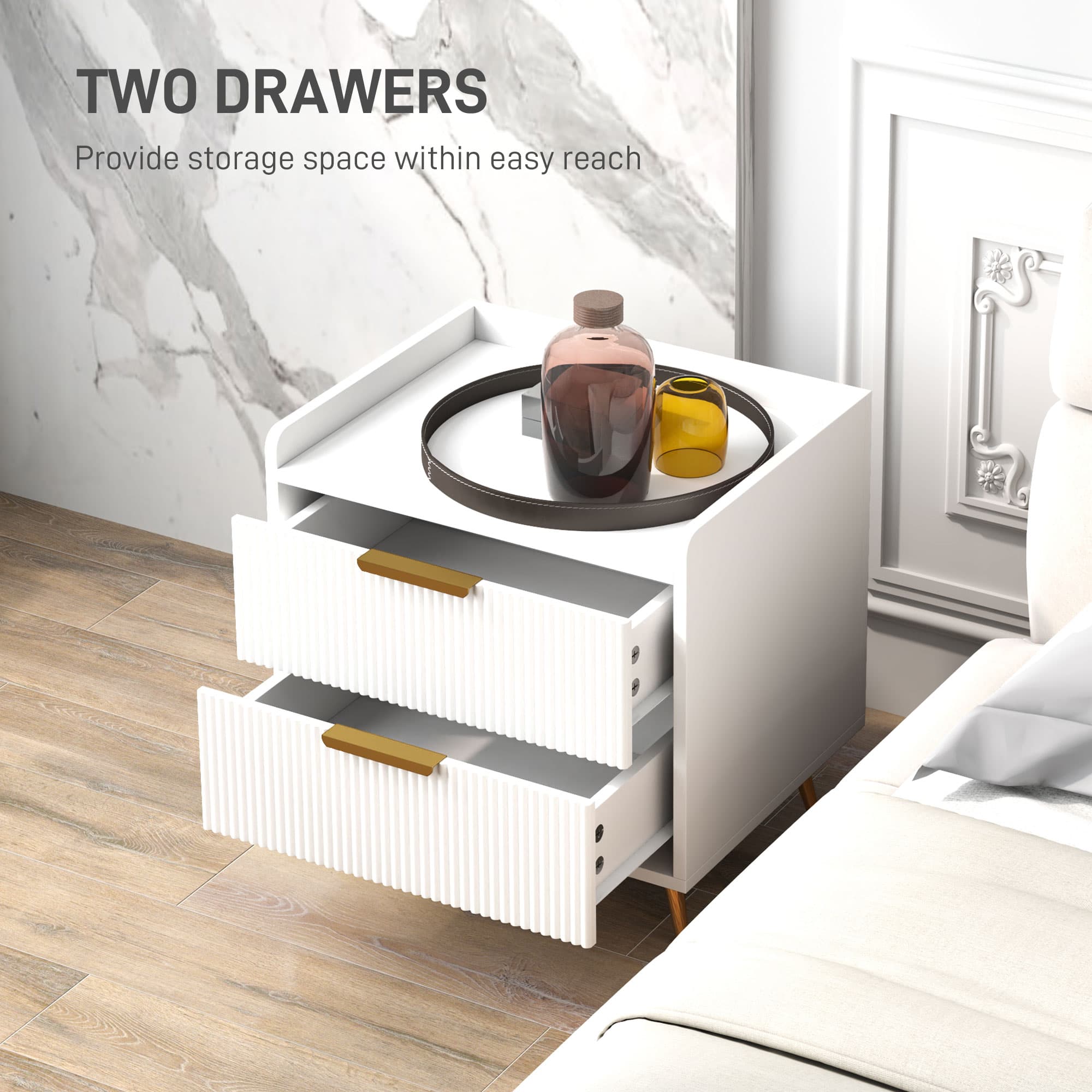 Elegant White Two-Drawer Bedside Table with Gold Handles - image 2