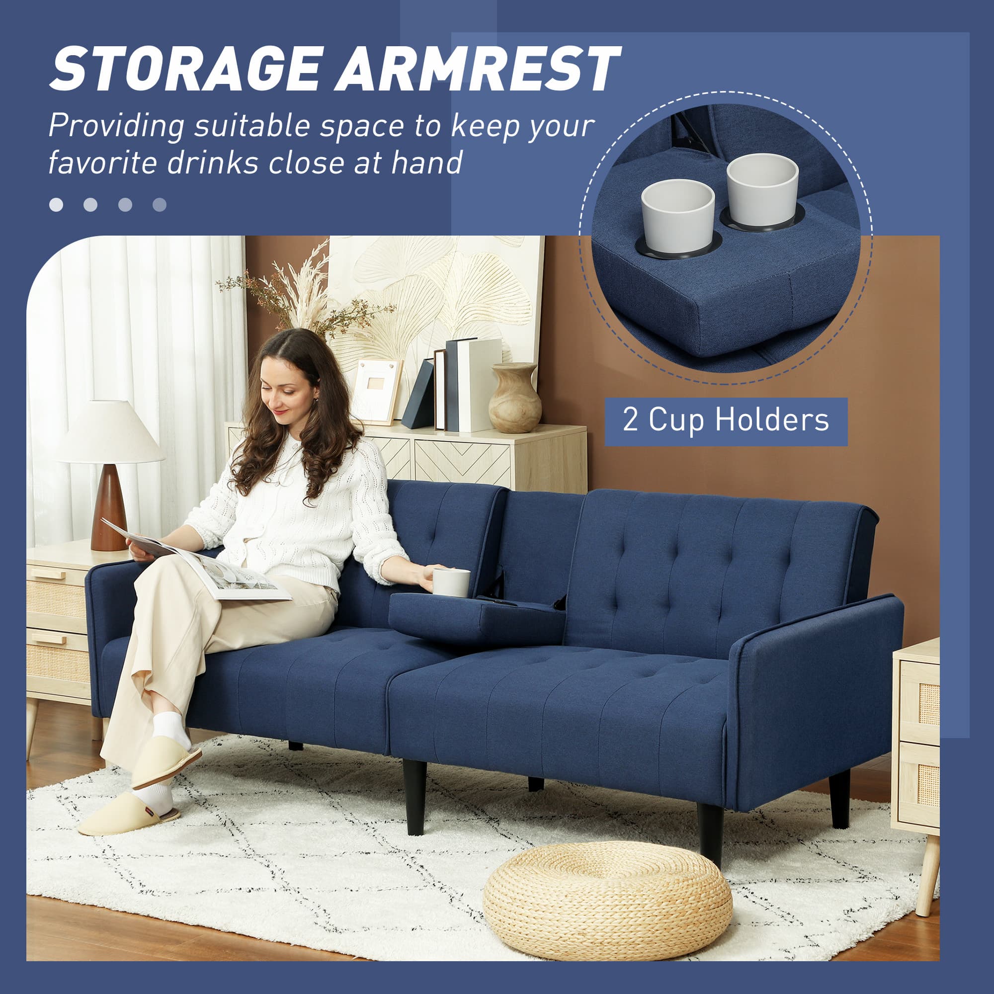 Dark Blue Sofa Bed for Three with Convertible Backrest - image 1