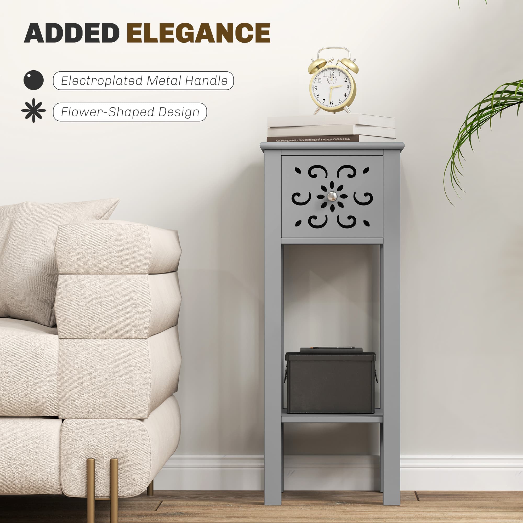Two Grey Floral Side Tables with Drawer and Lower Shelf - image 4
