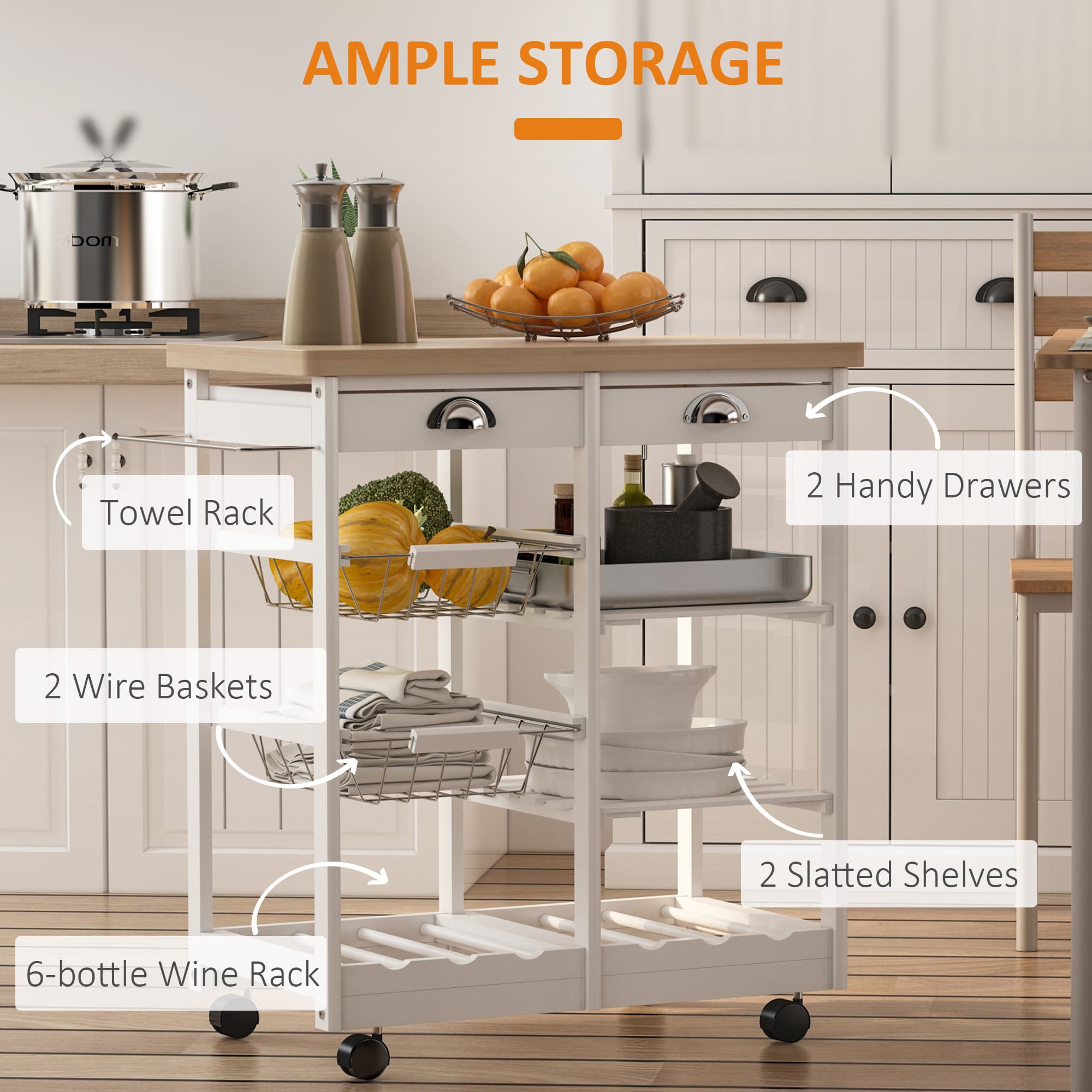 Rolling Kitchen Trolley with Wine Rack and Solid Wood Worktop - image 4