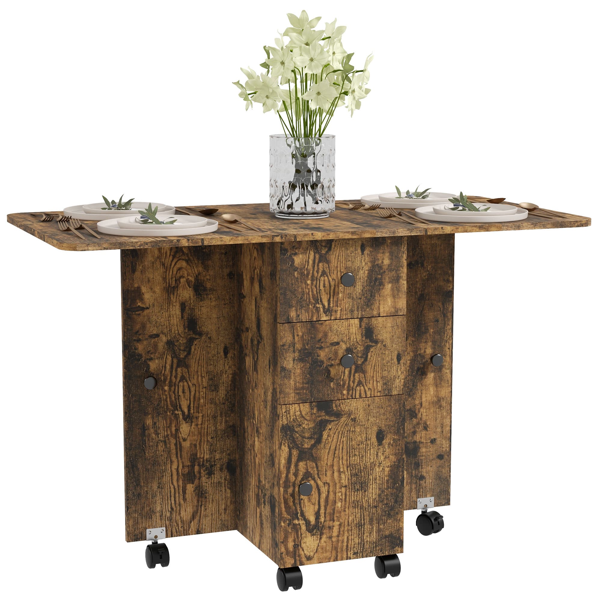 Extendable Drop Leaf Dining Table with Storage – Rustic Brown - Rustic Brown