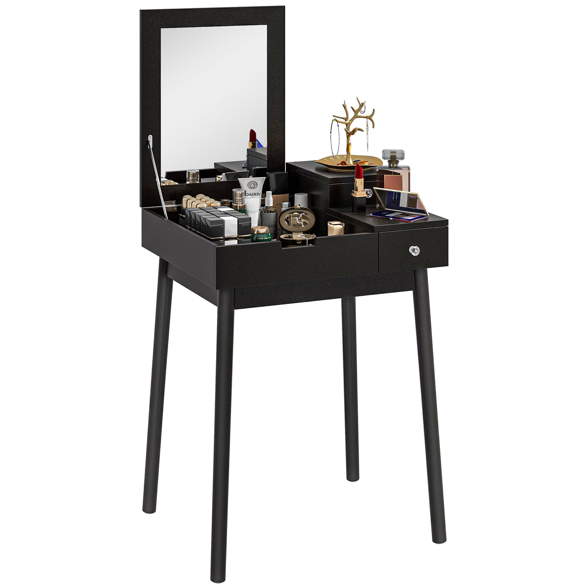 Compact Black Vanity Desk with Flip-Up Mirror and Drawers - Black