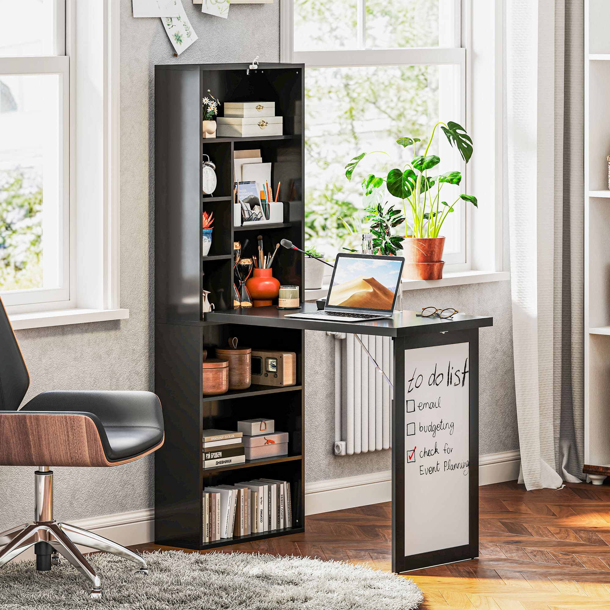 Fold-Out Work Desk with Shelving Unit and Whiteboard Panel - image 2