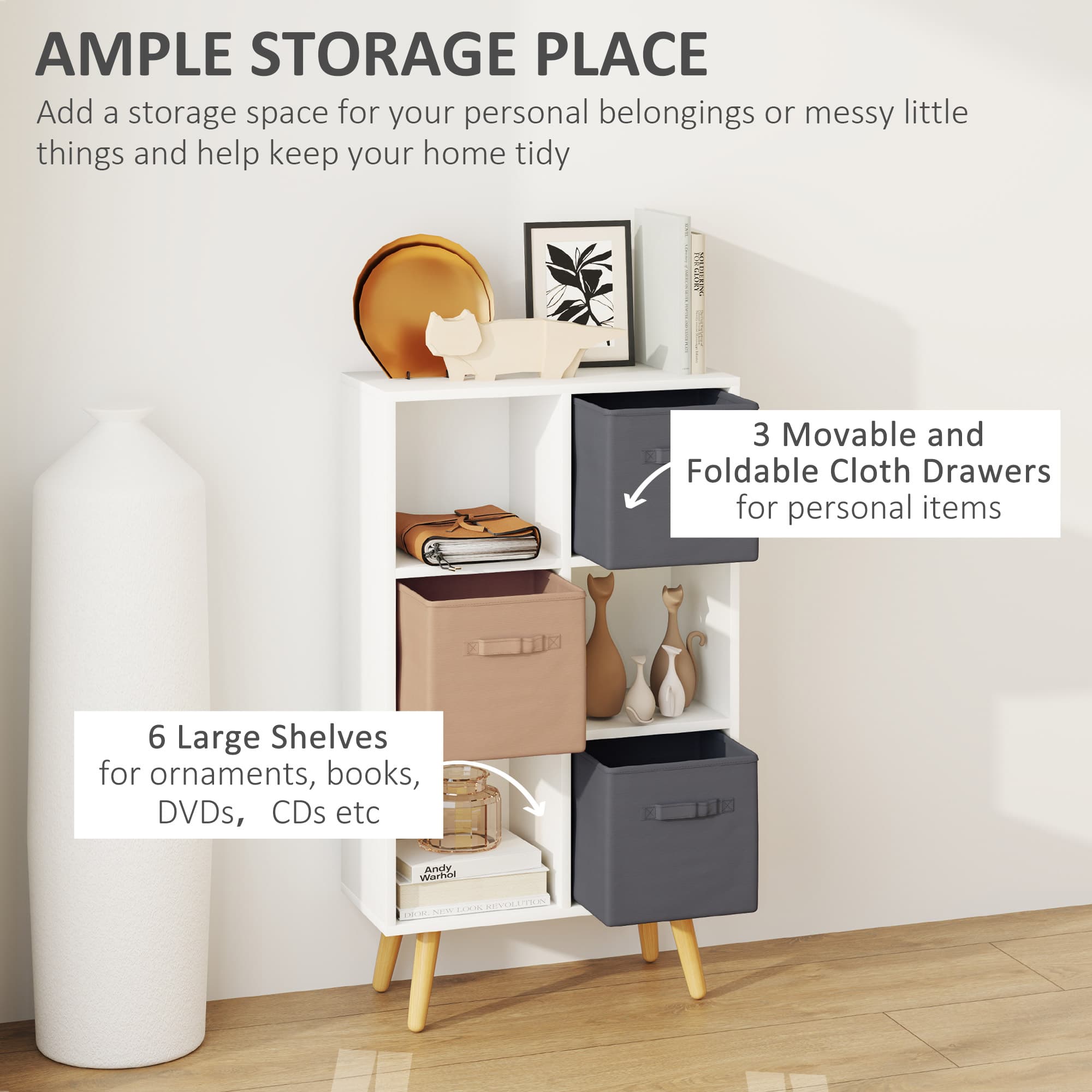 White 6-Cube Unit with 3 Fabric Drawers and Scandi-Style Legs - image 5