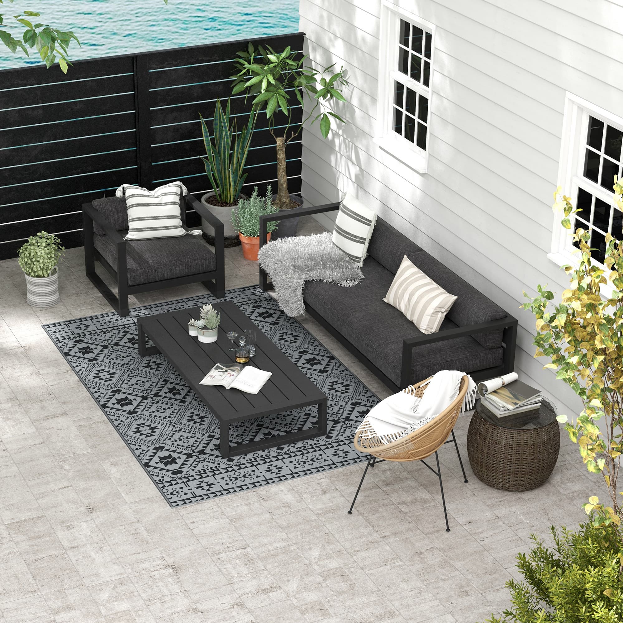 182 x 274cm Black and Grey Reversible Patterned Outdoor Rug - image 9