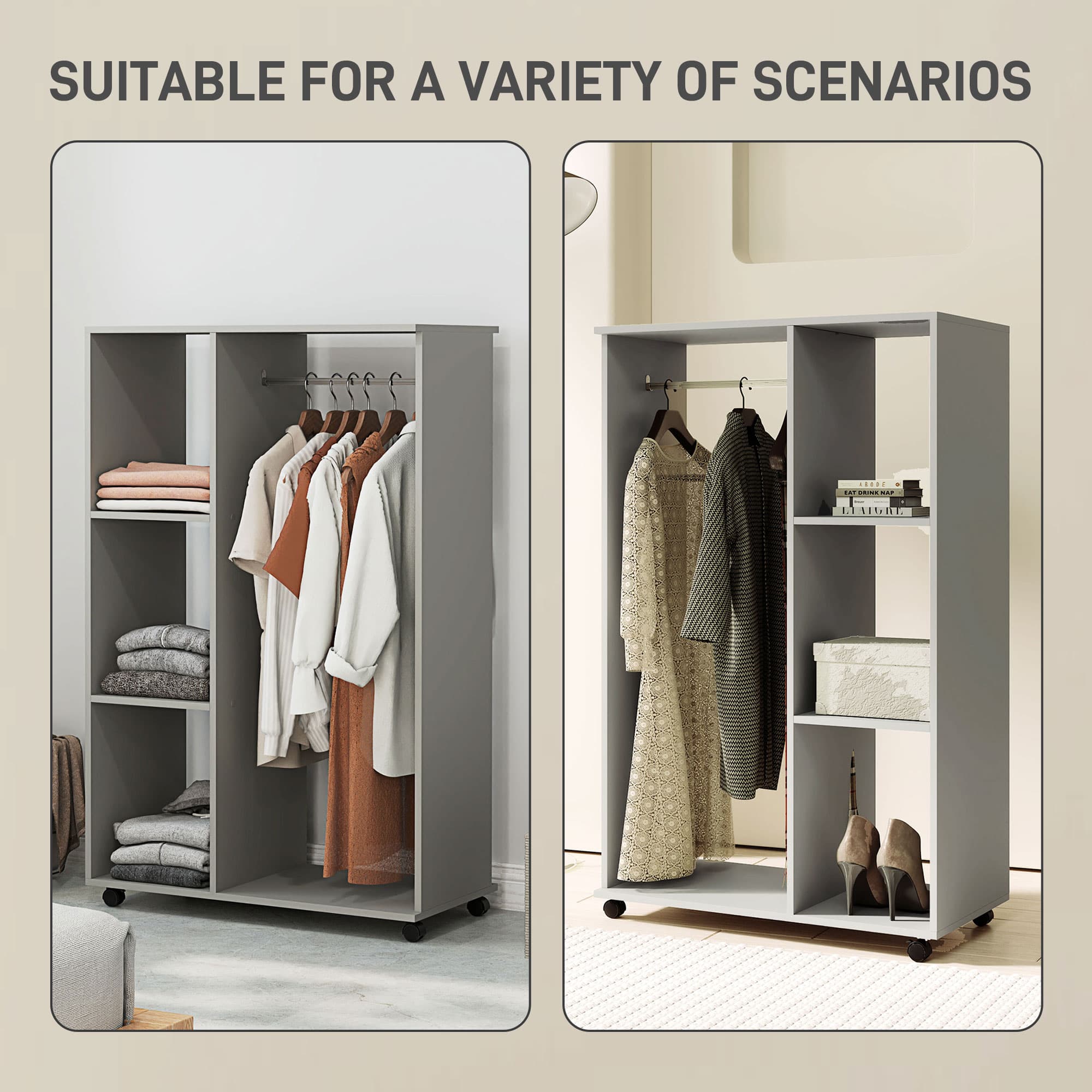 Mobile Open Wardrobe with Rail and 3 Shelves — Grey - image 2