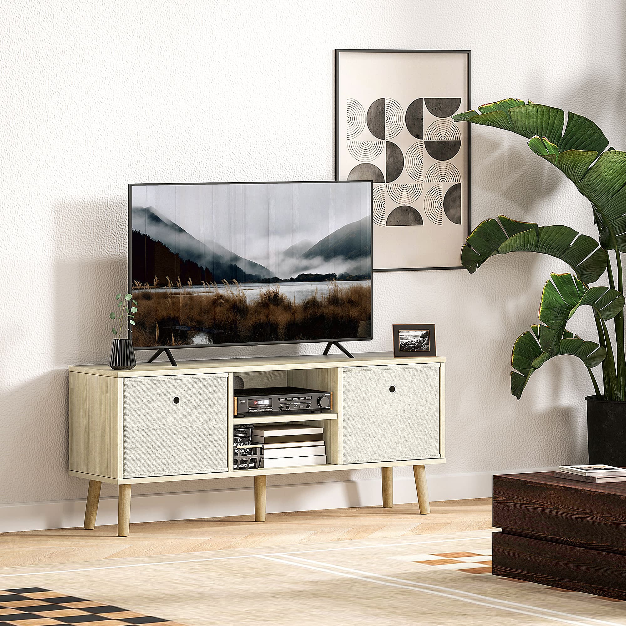 Mid-Century TV Unit with Fabric Storage, Natural Oak - image 2