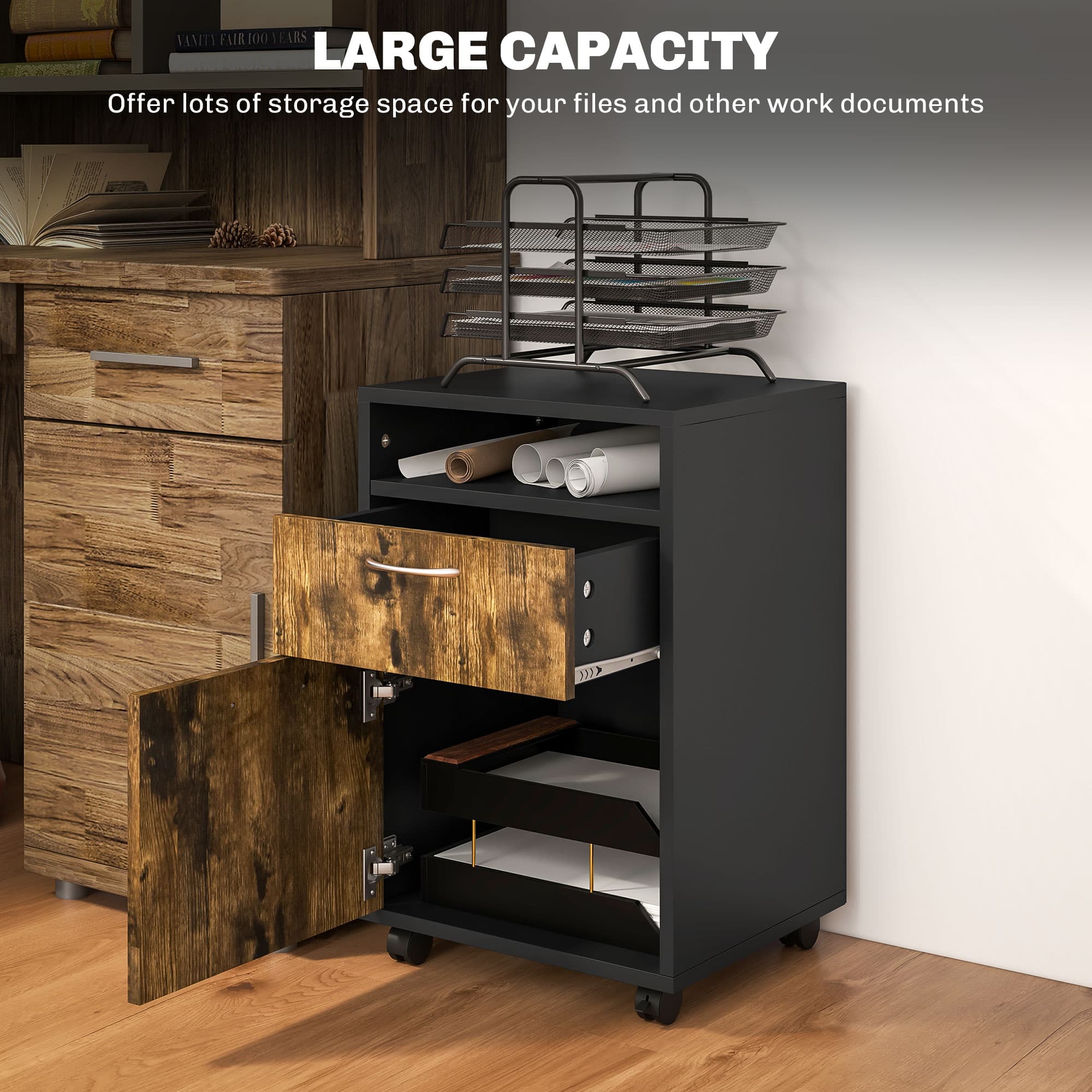 Mobile Filing Cabinet with Drawer, Open Shelf and Wheels - image 4