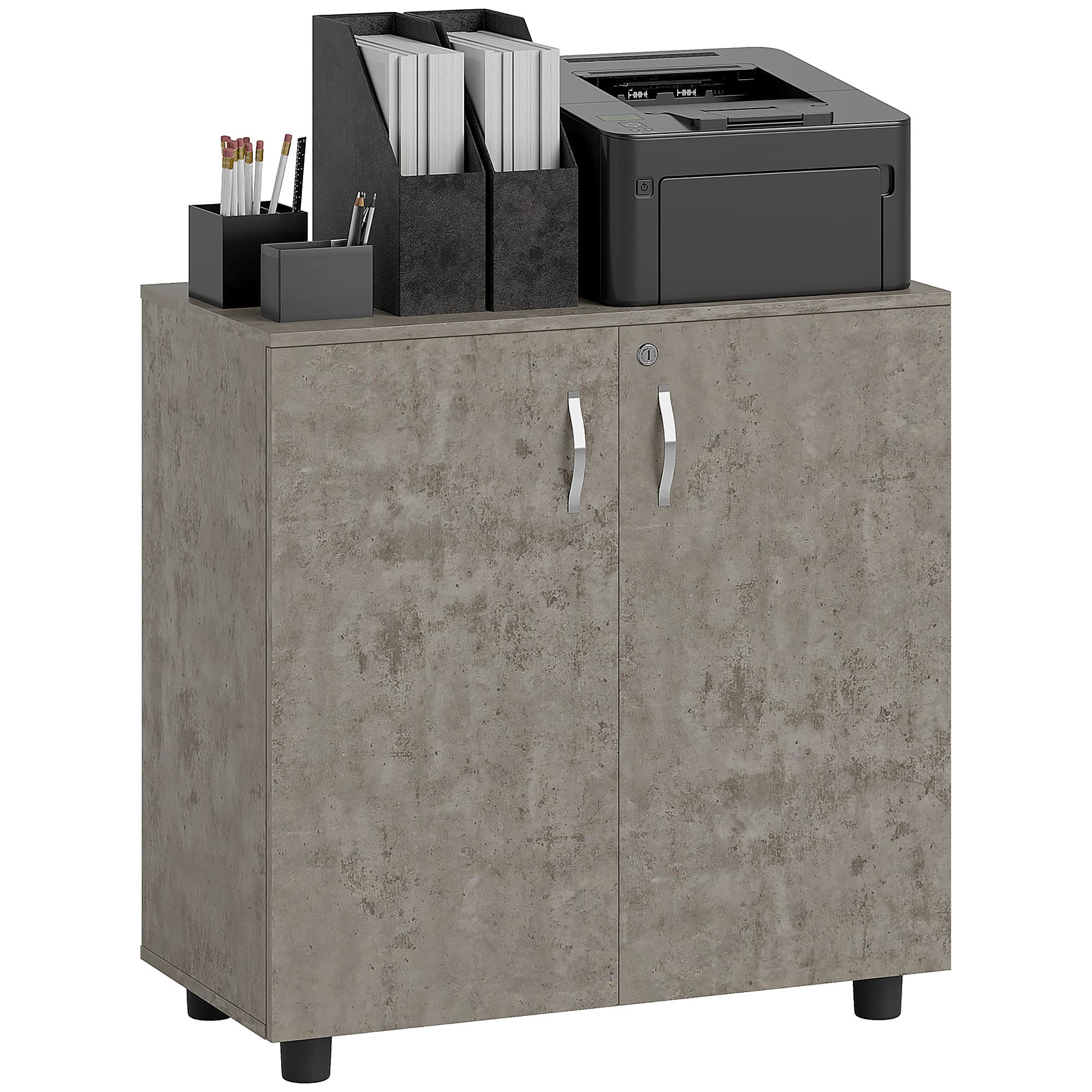 Two-Door Locking Office Cabinet with Flat-Top Printer Stand - Grey
