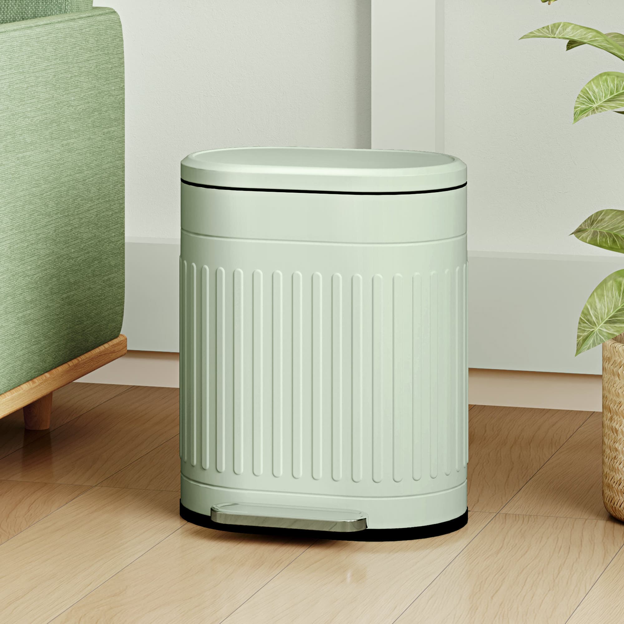 A ribbed sage green metal pedal bin with a quiet soft-close lid - image 3