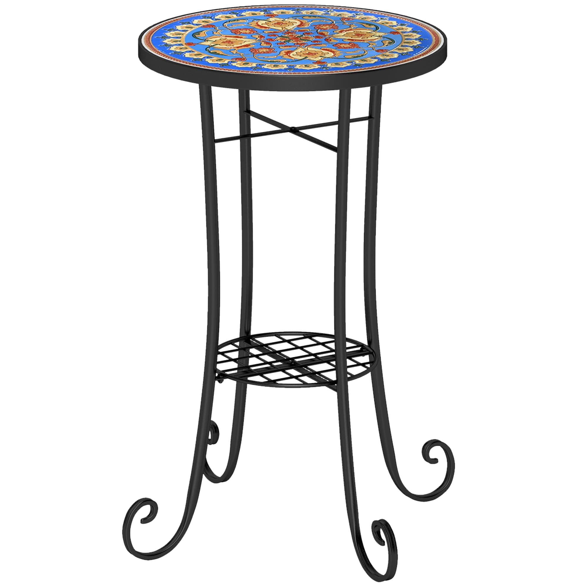 Blue mosaic garden side table with lower shelf - image 9