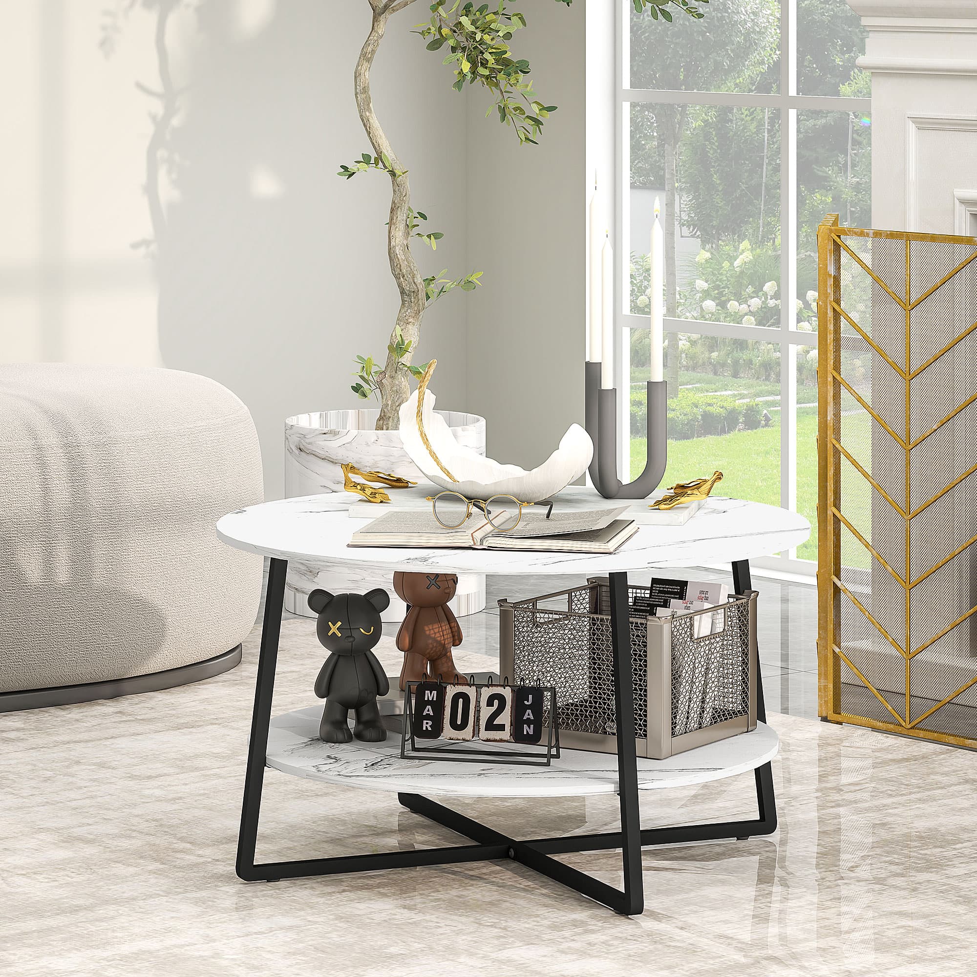 Round Marble-Effect Coffee Table — Two Tiers, Black Metal Frame - image 2