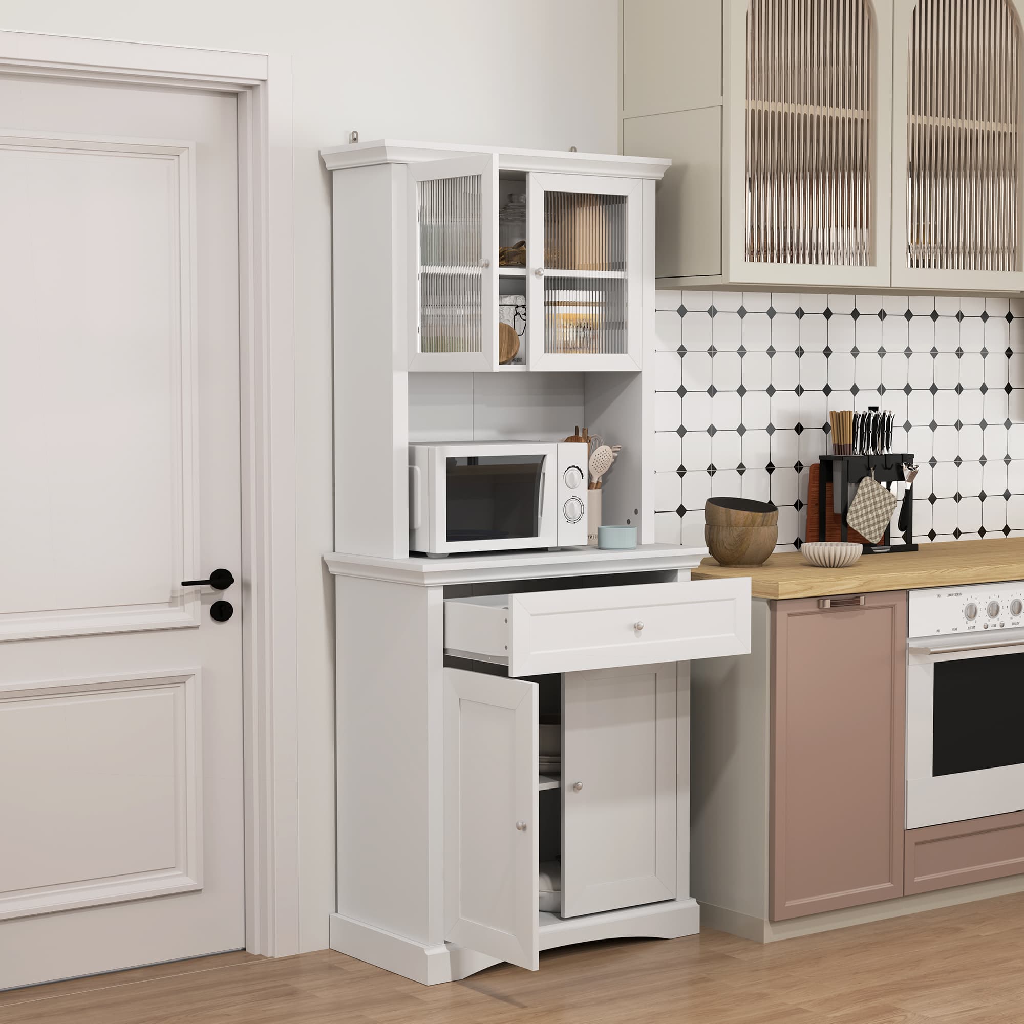 Freestanding White Kitchen Cabinet with Glass Display Doors - image 4