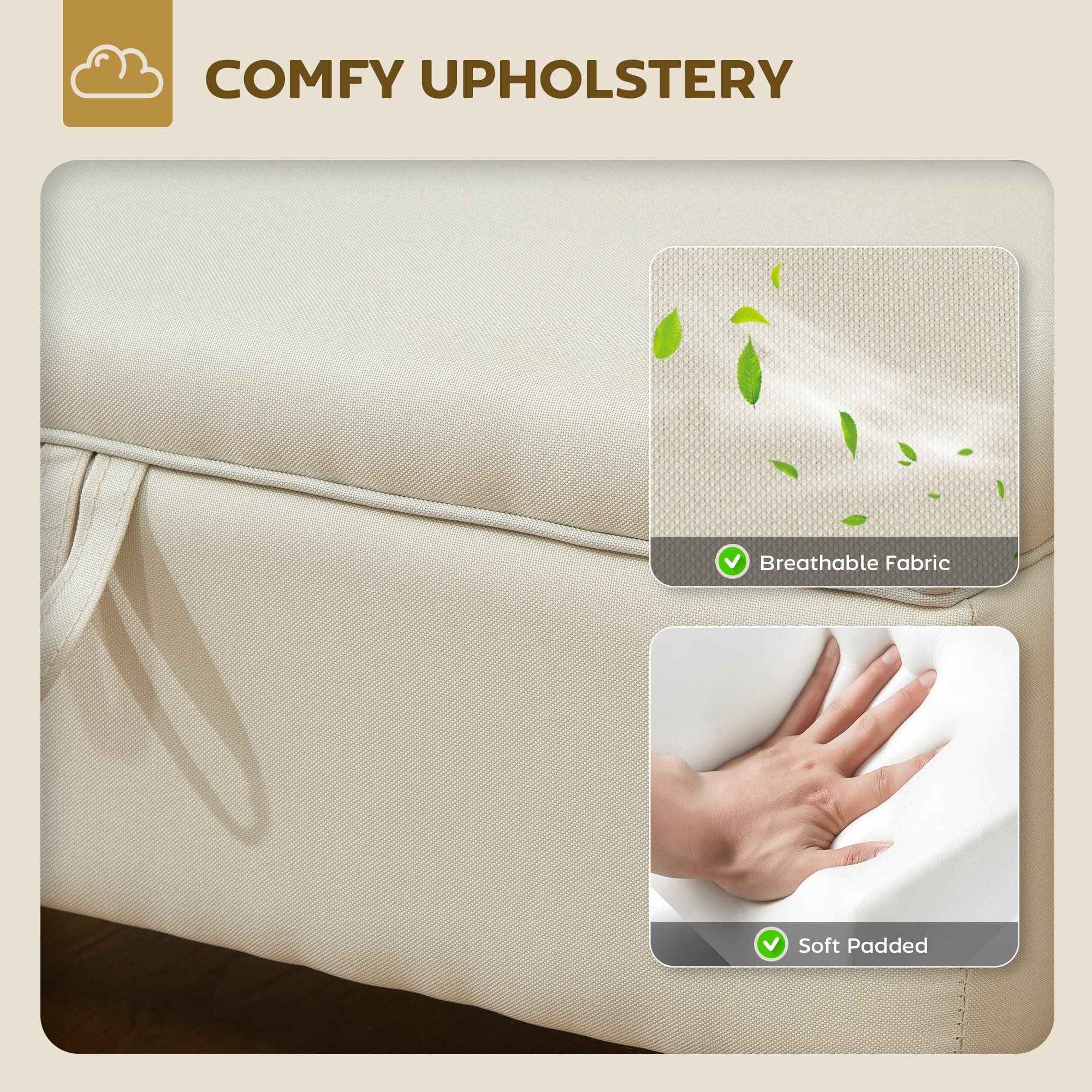 Padded Storage Ottoman Bench in Beige Linen with Wood Legs - image 2