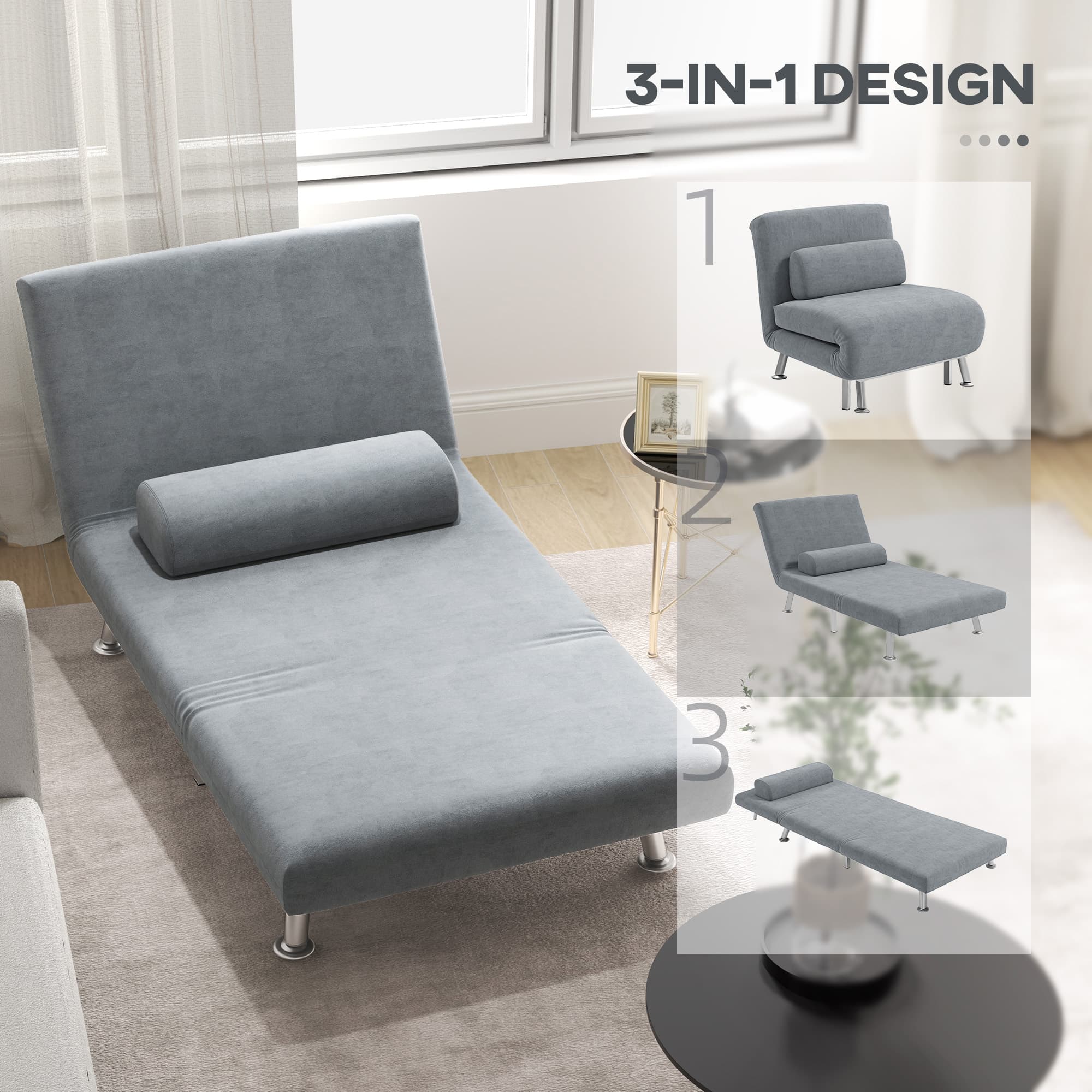 Single Velvet-Feel Sleeper Chair Bed - Grey 5-Position Recline - image 3