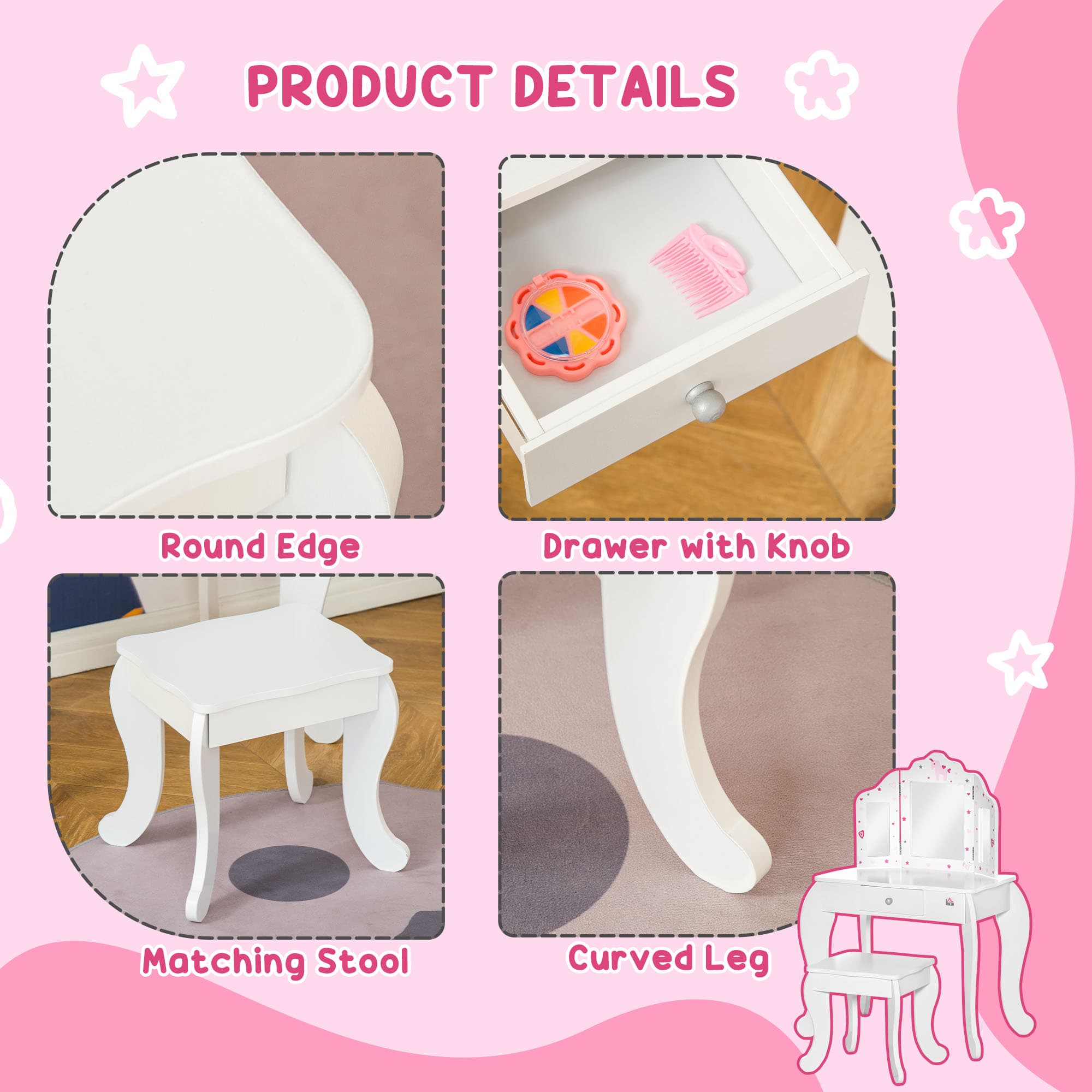 Kids Dressing Table and Stool Set with Tri-Fold Mirror - image 4