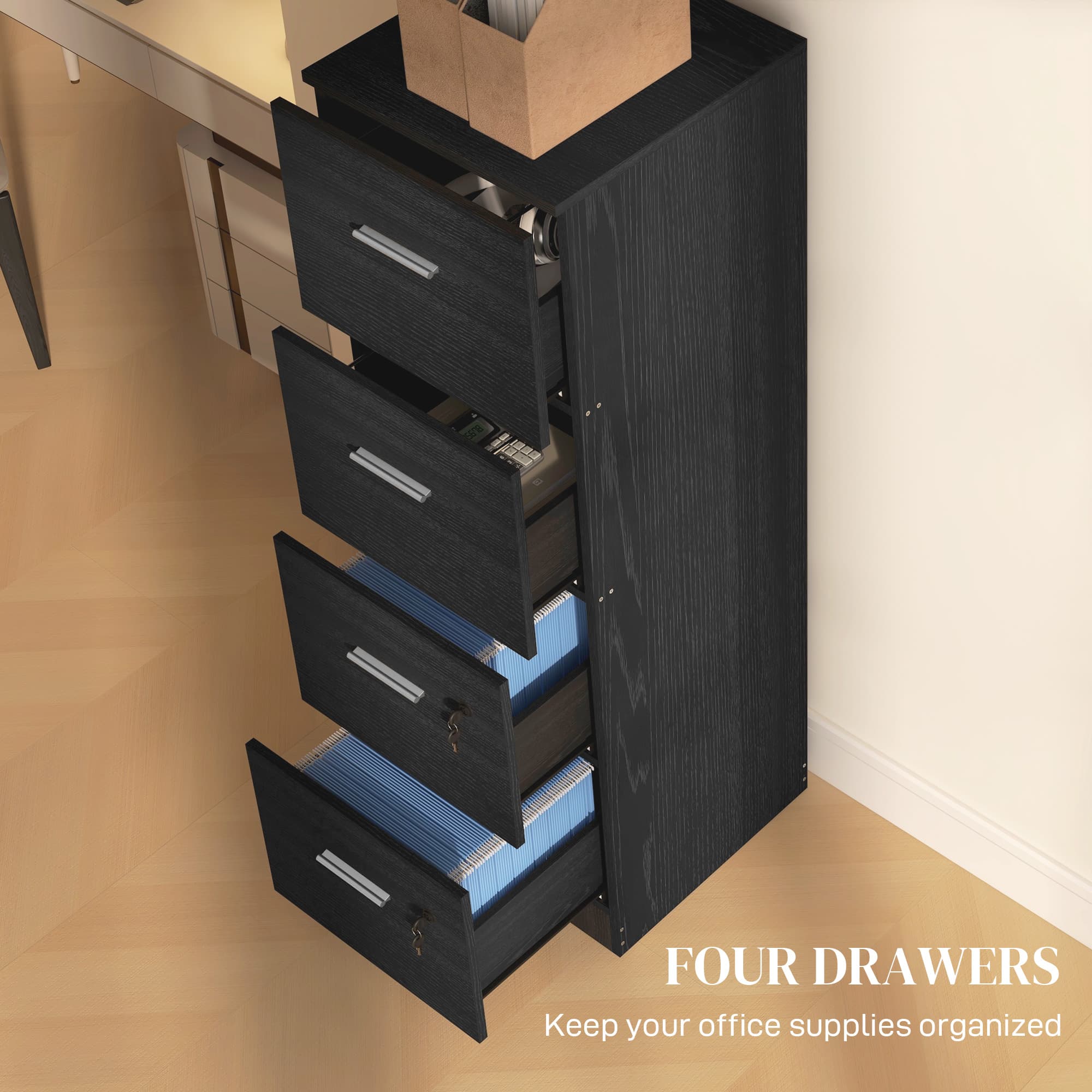 Four-Drawer Filing Cabinet with Locks — Black Wood Effect - image 3