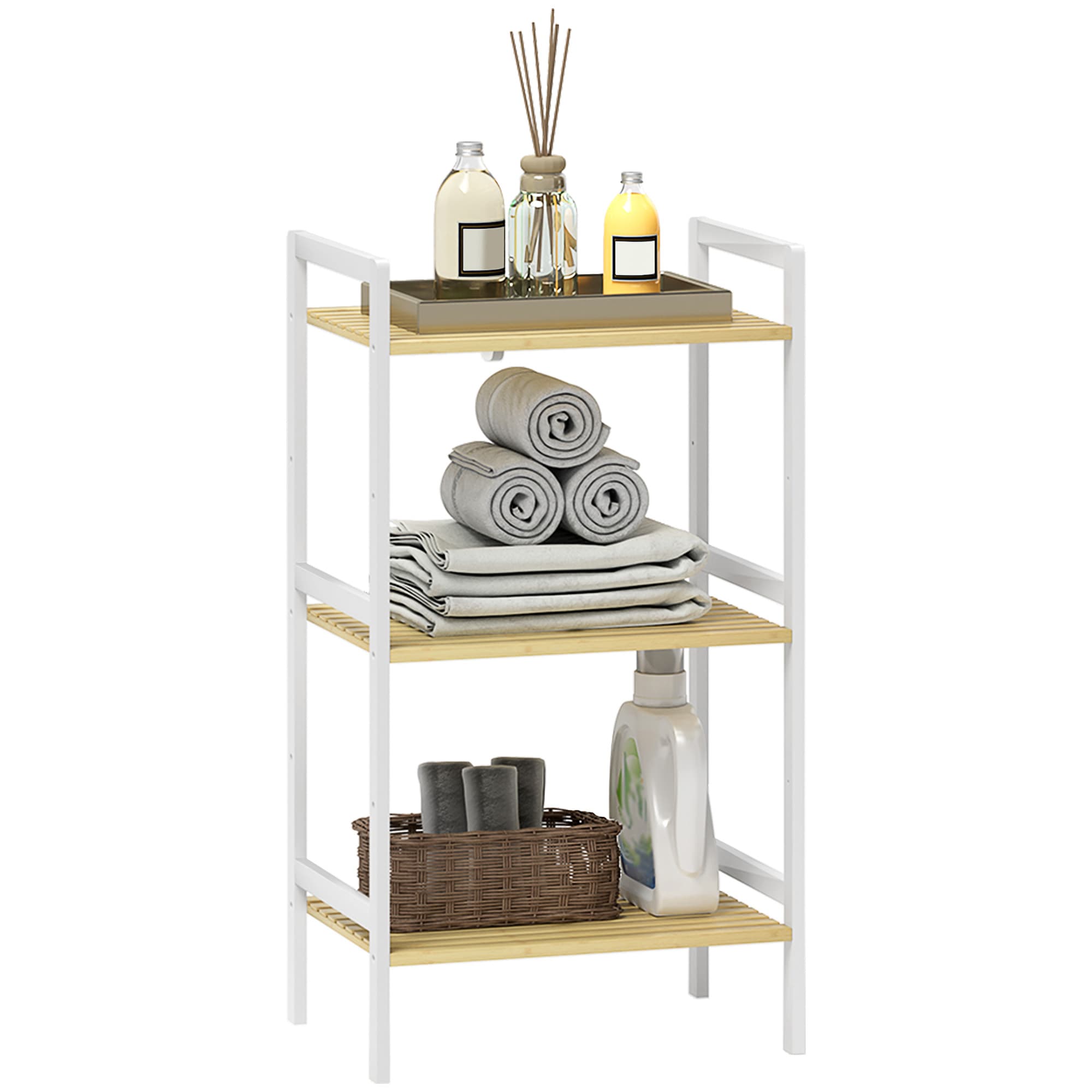 A slim bamboo shelf that adjusts to five positions per tier