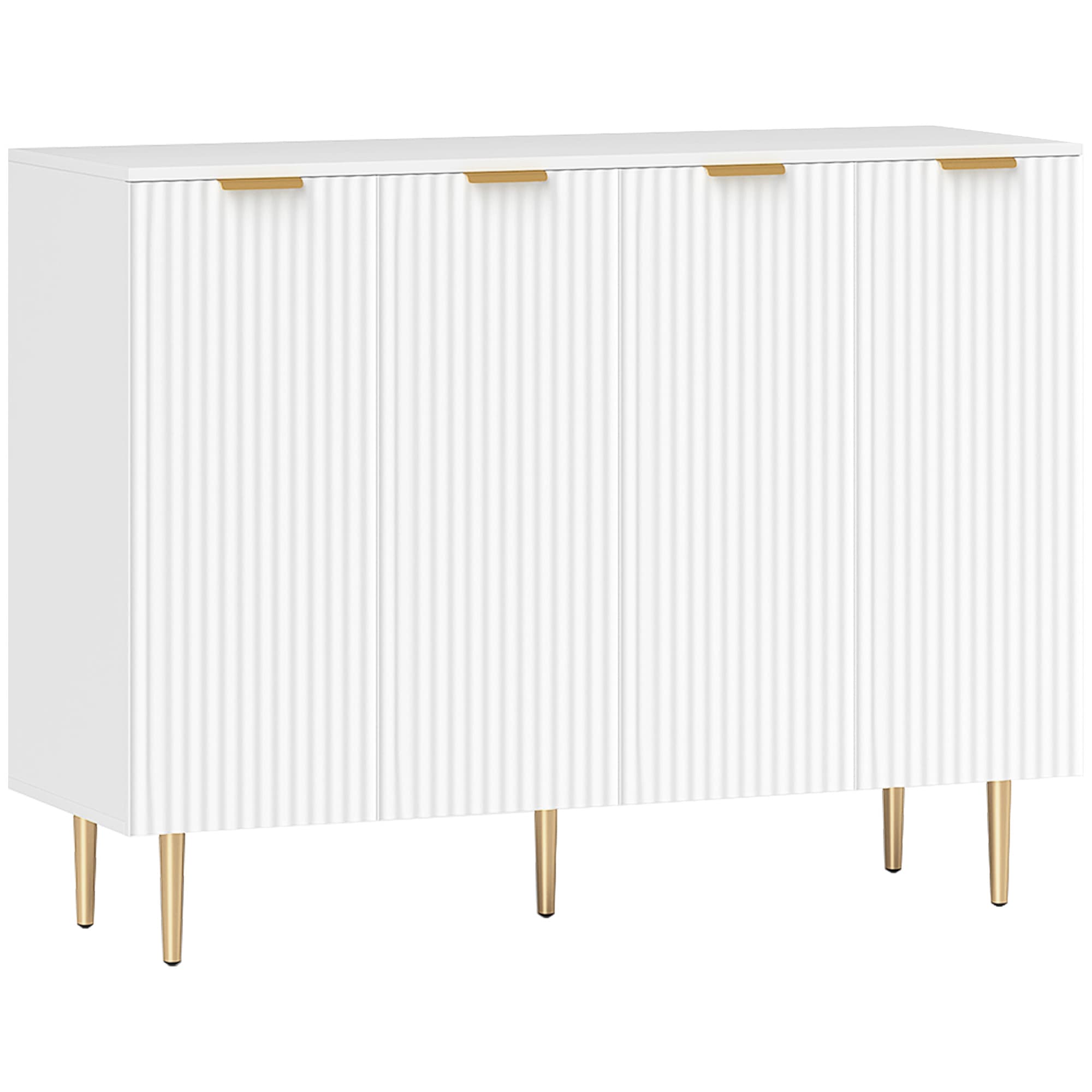 Ribbed 4-Door Sideboard with Gold Legs and Adjustable Shelves - White