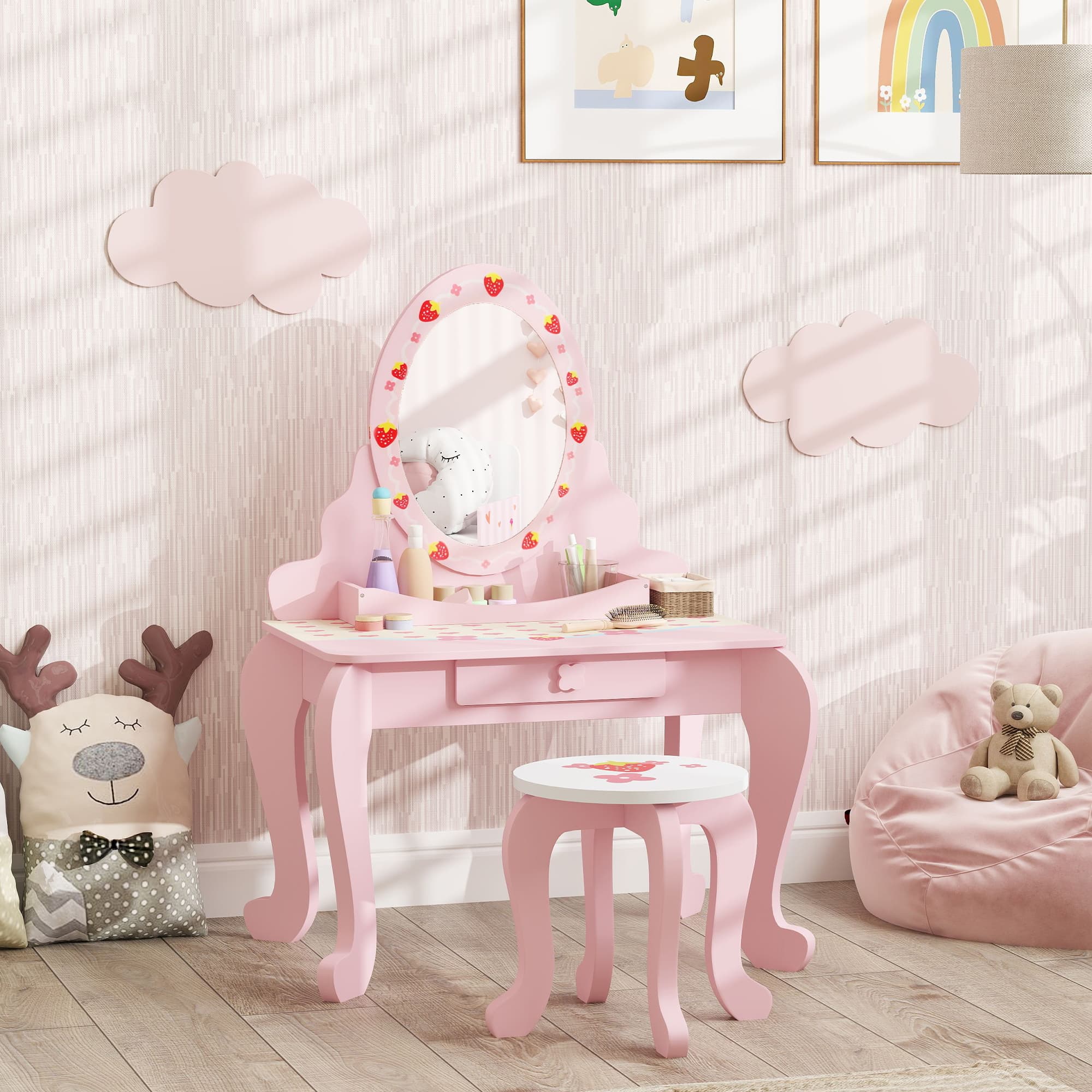 Pink Kids Vanity Set with Strawberry Mirror and Matching Stool - image 5