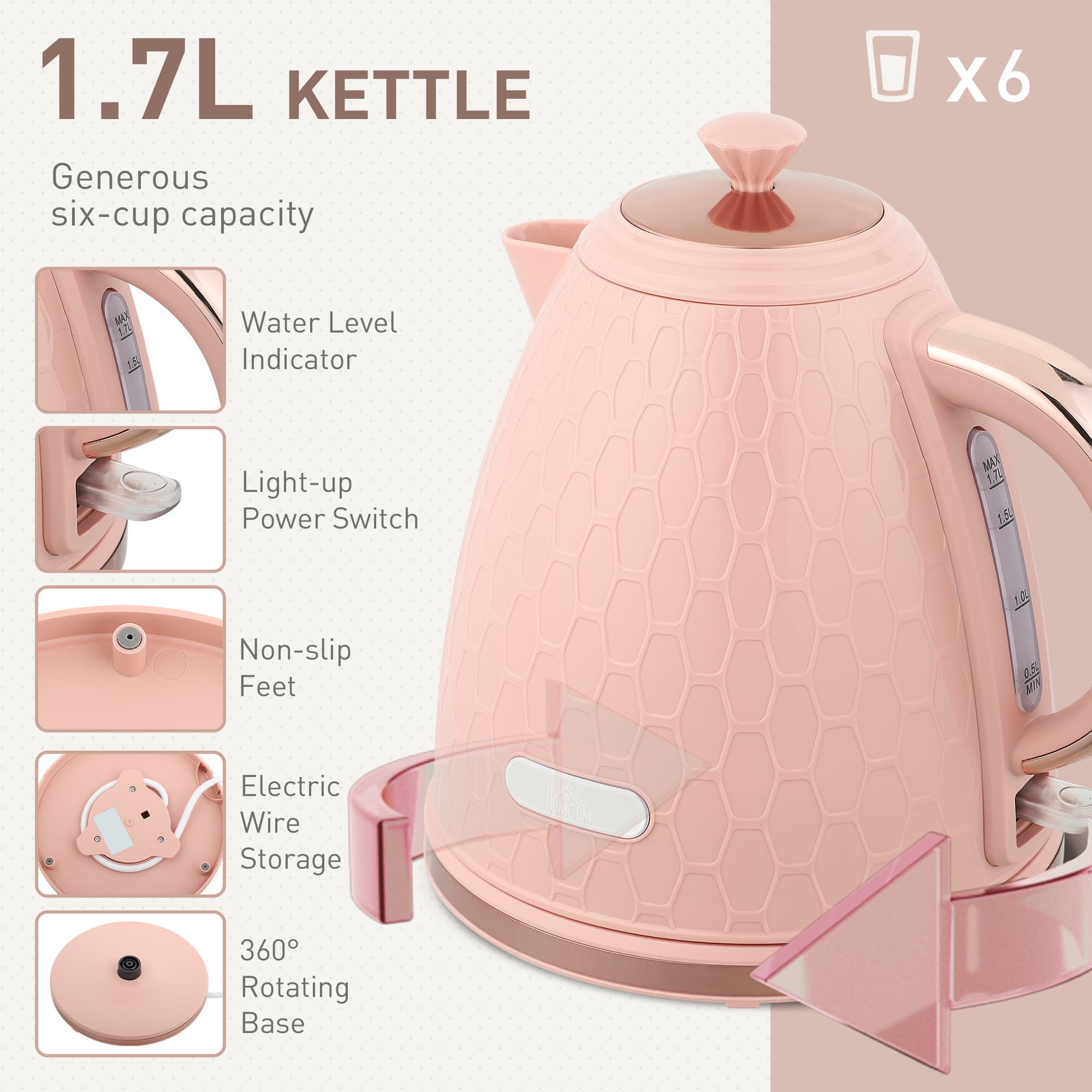 Blush Pink Kettle and 4-Slice Toaster Set with Honeycomb Detail - image 2