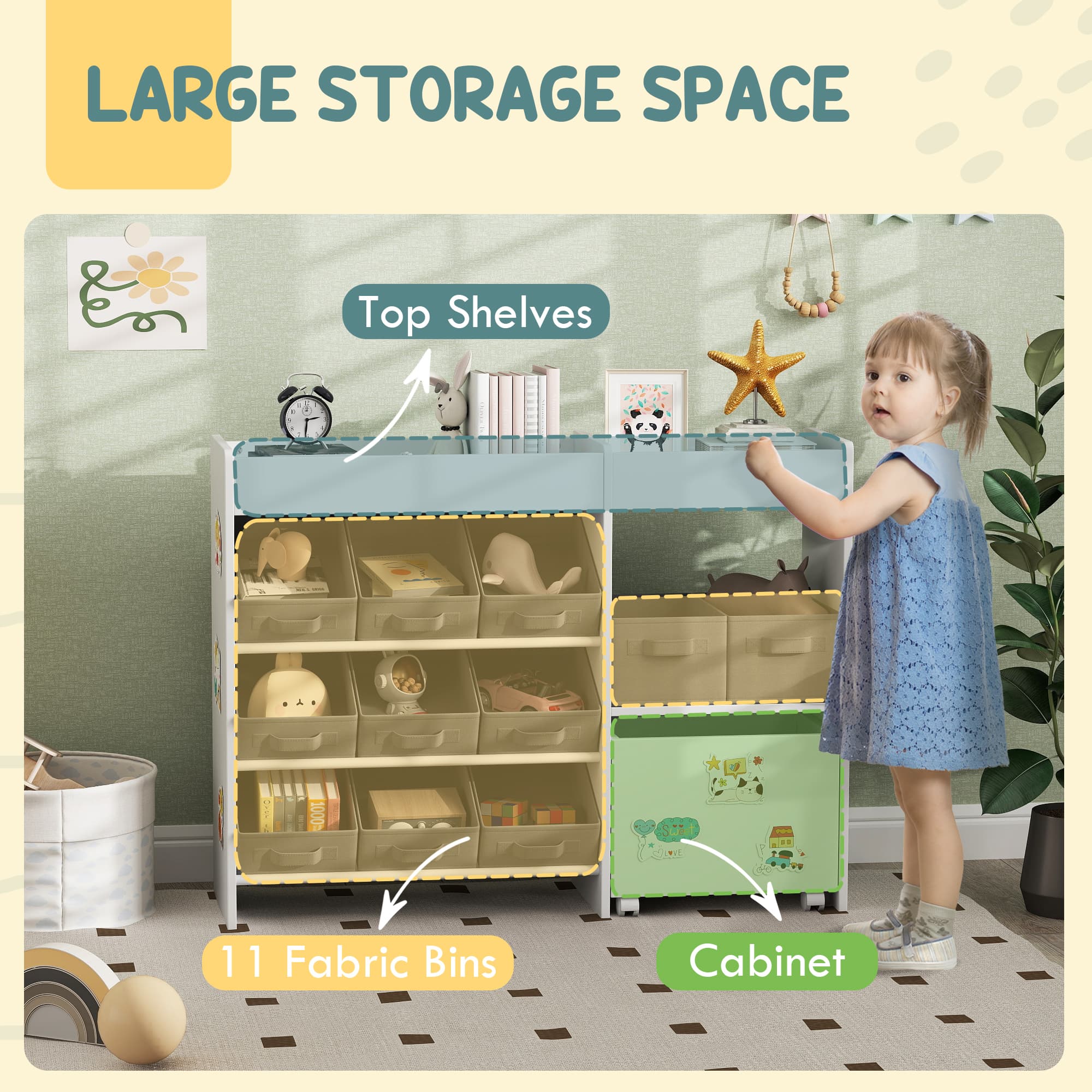 White Toy Storage Unit — 11 Fabric Bins, Top Shelves and Cabinet - image 5