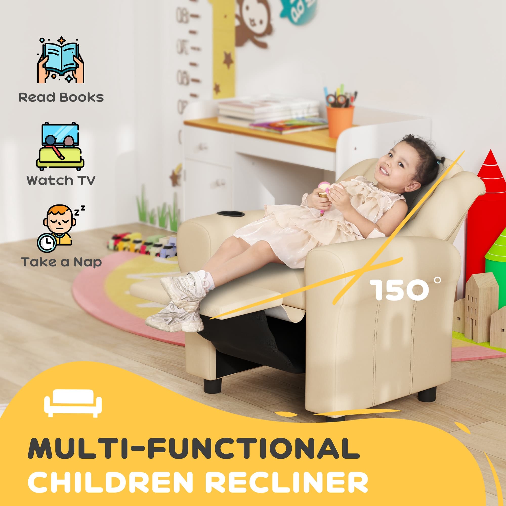 Children's Recliner Armchair with Cup Holder — Beige - image 2