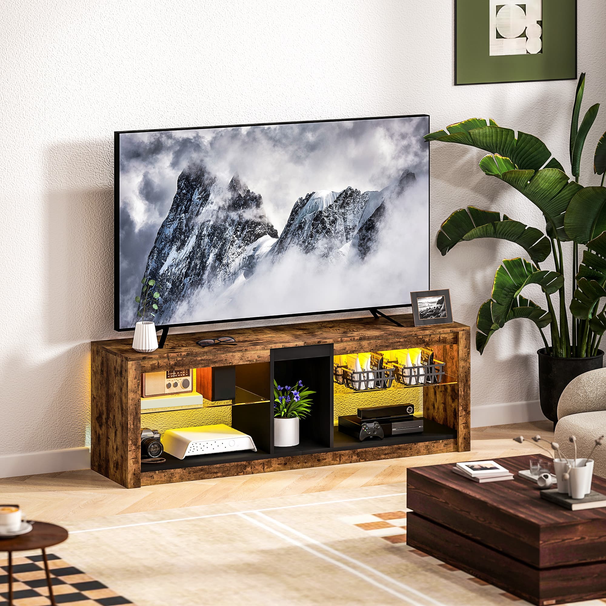 Rustic TV Cabinet with LED Lights and Open Shelving - image 3