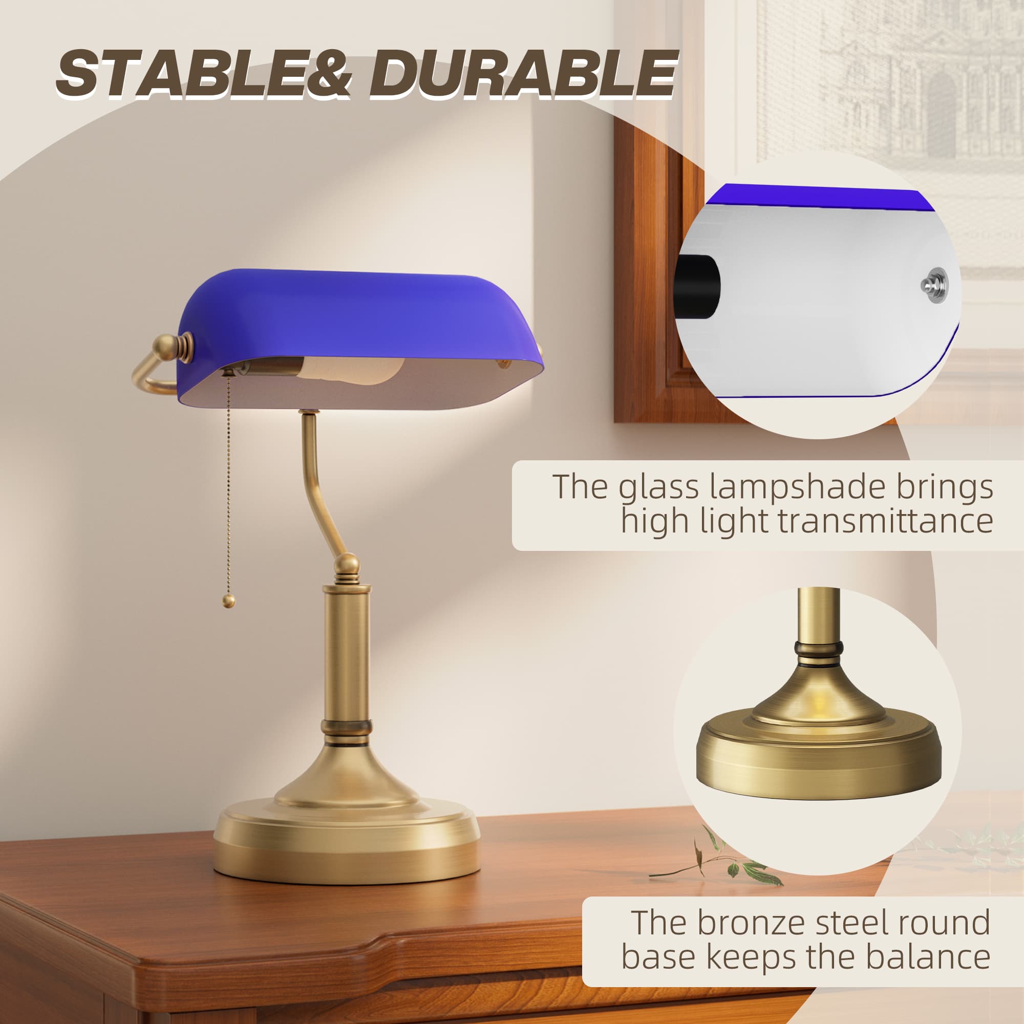 Banker's Desk Lamp — Blue Glass Shade, Pull-Chain Switch - image 4