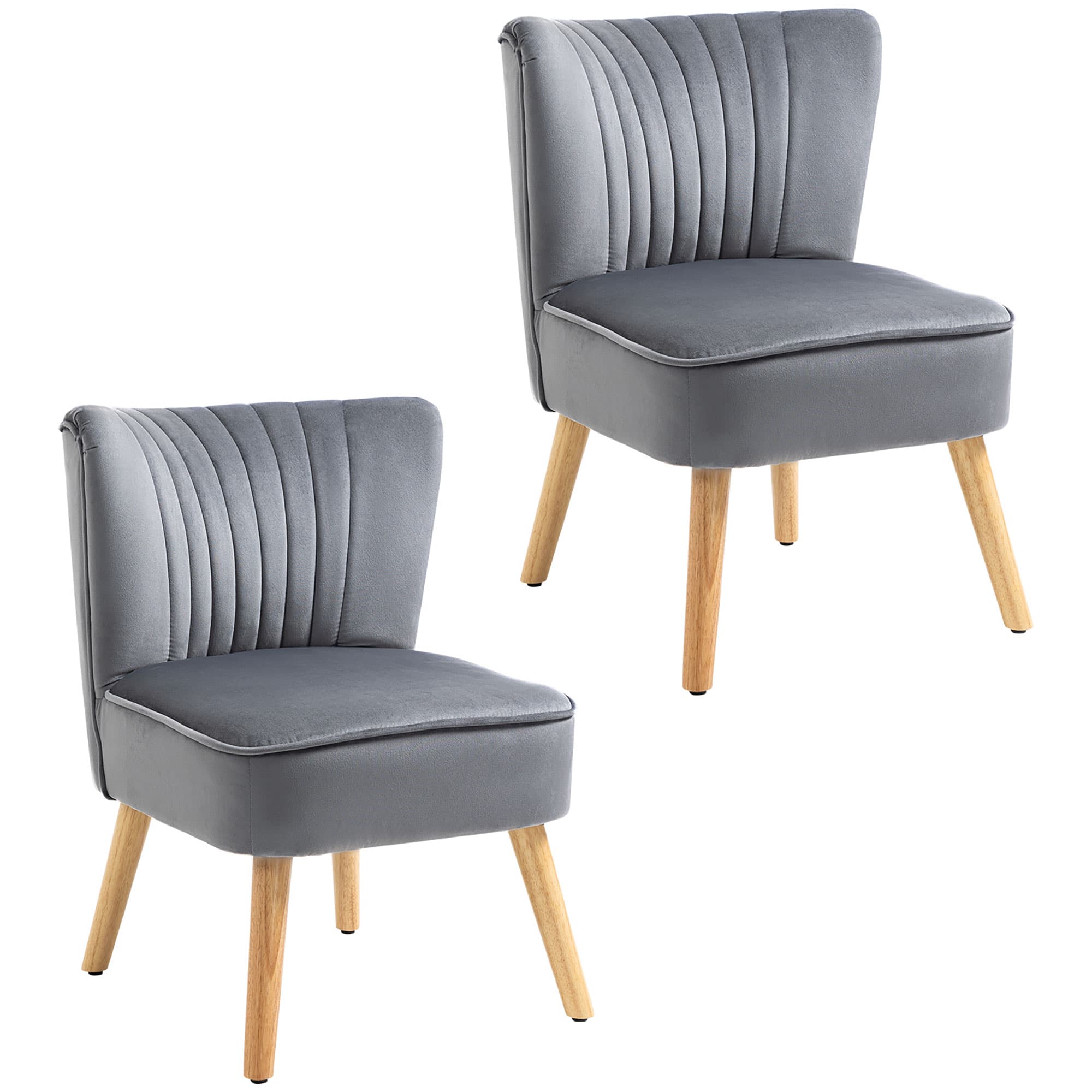 Pair of Grey Velvet Tub-Style Accent Chairs with Wooden Legs - Grey