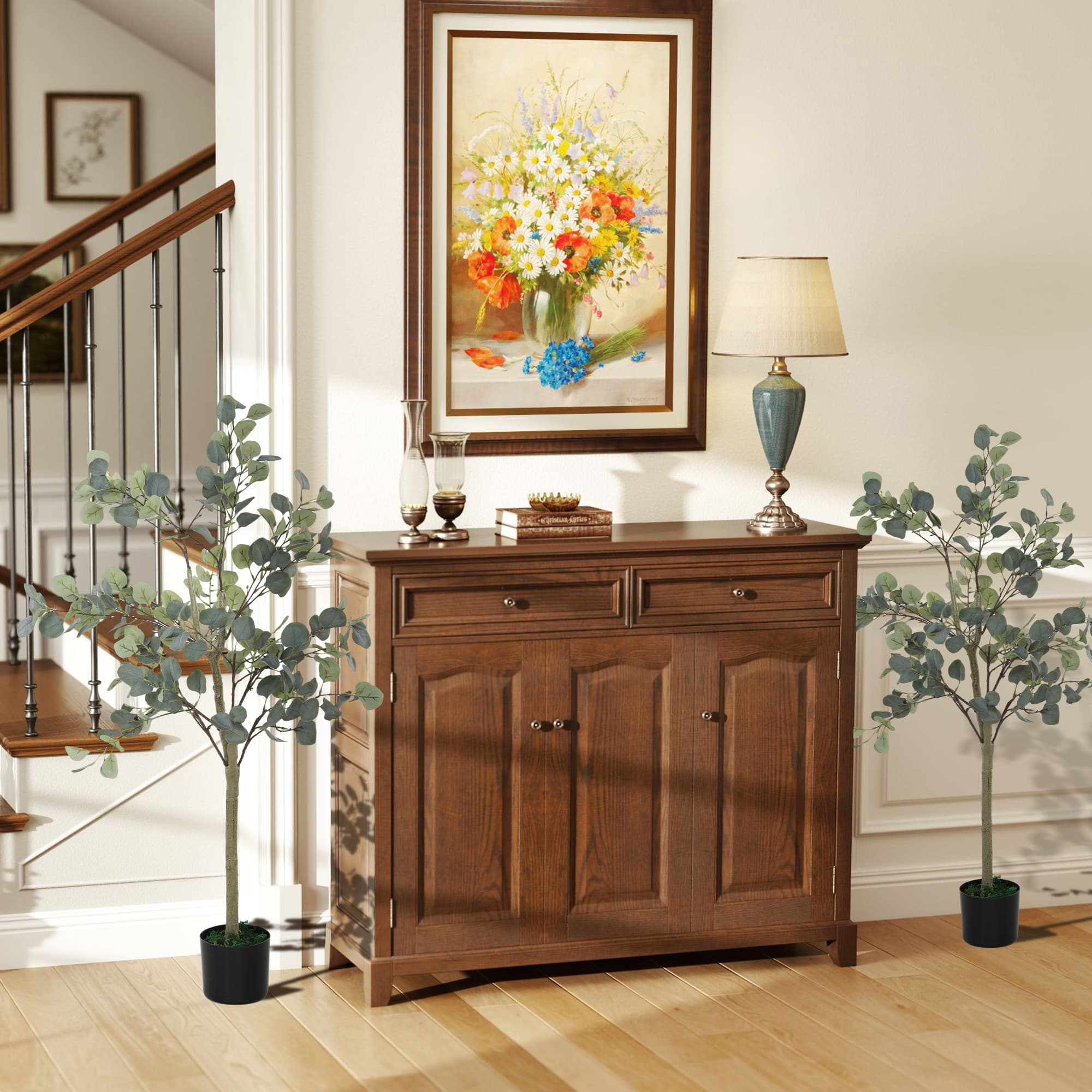 Set of 2 Artificial Silver Dollar Eucalyptus Trees in Black Pots - image 3