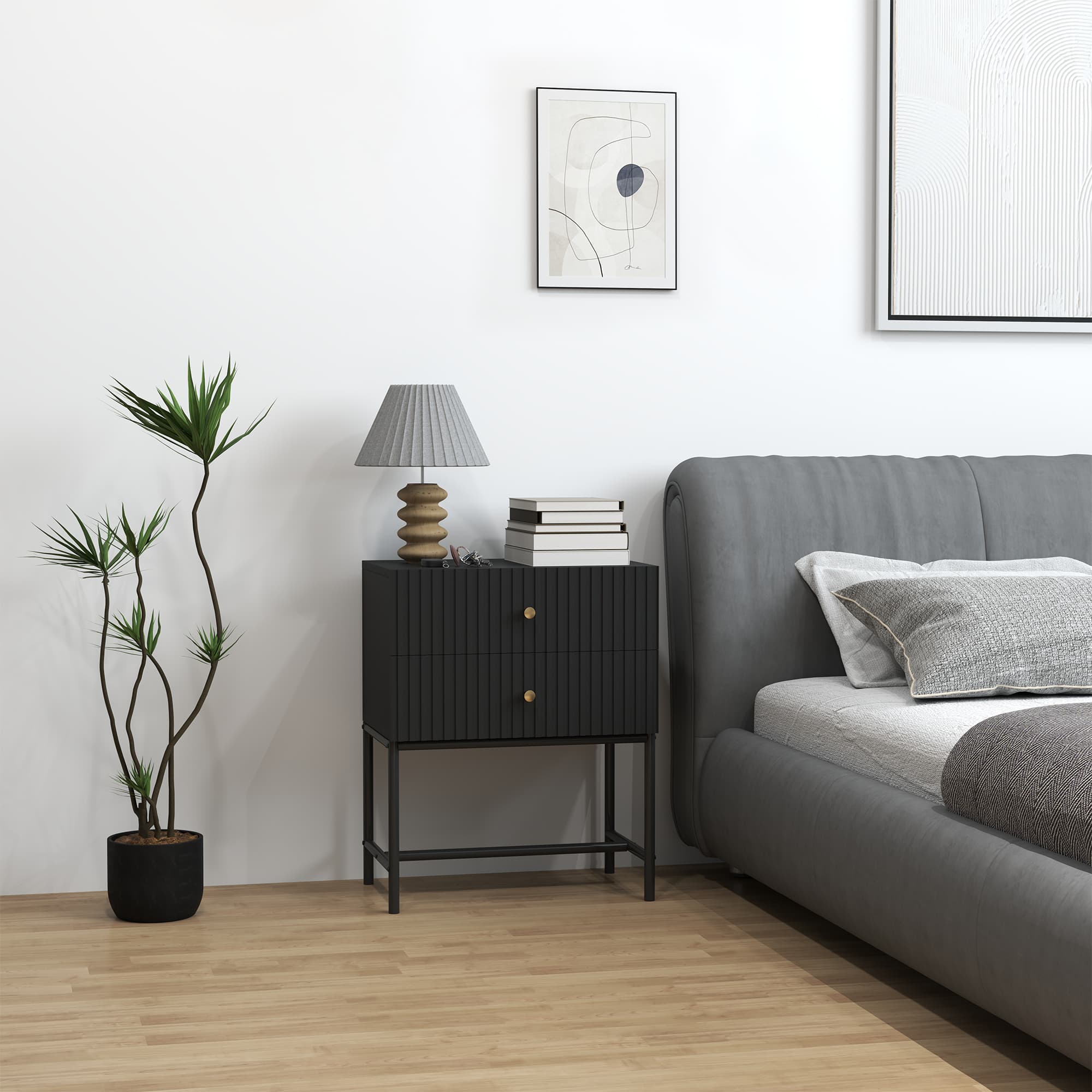 Elegant Black Two-Drawer Bedside Table with Gold Accents - image 3