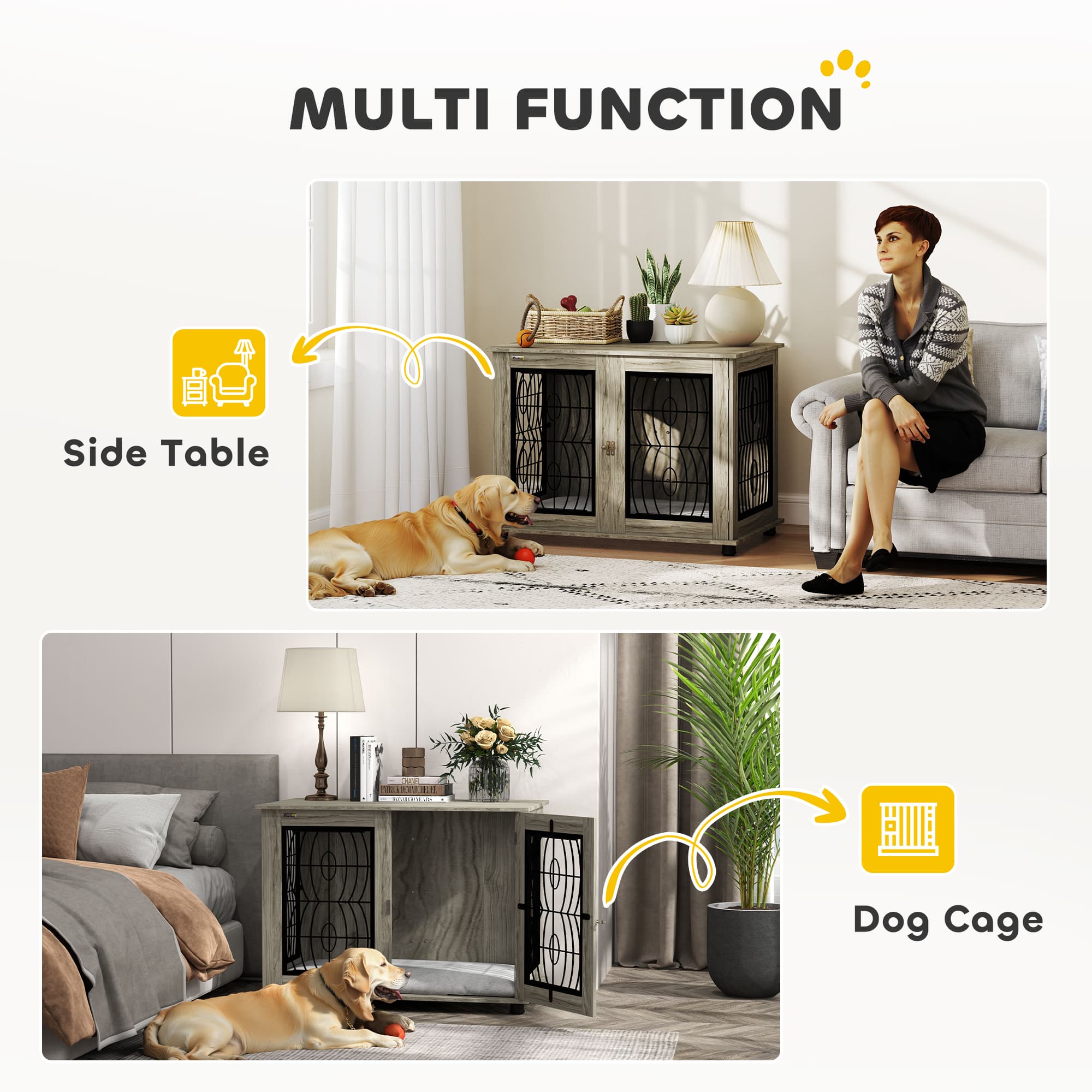 PawHut Dog Crate End Table with Decorative Grille, Grey - image 4
