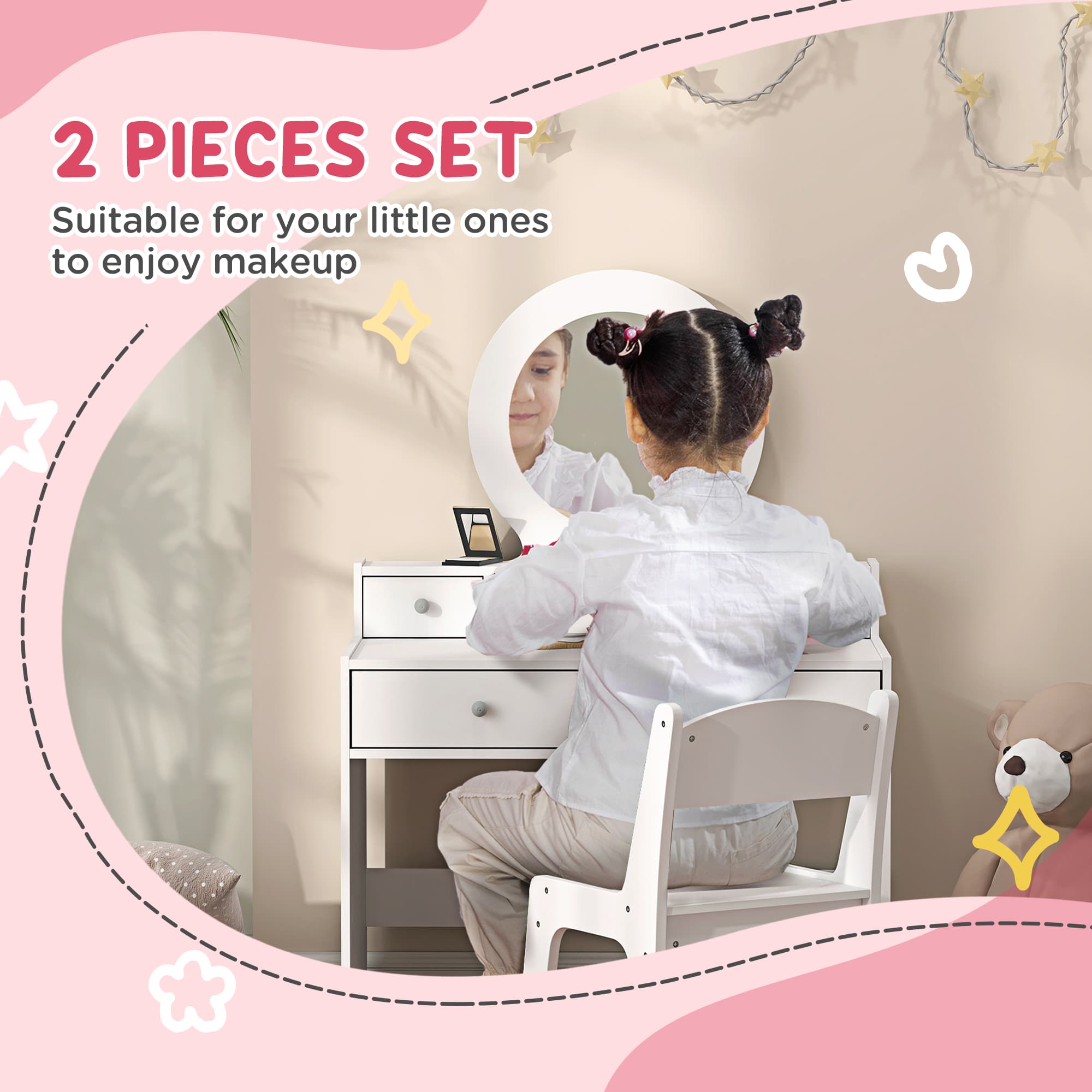 A kids' vanity table and matching chair set with a round mirror - image 1
