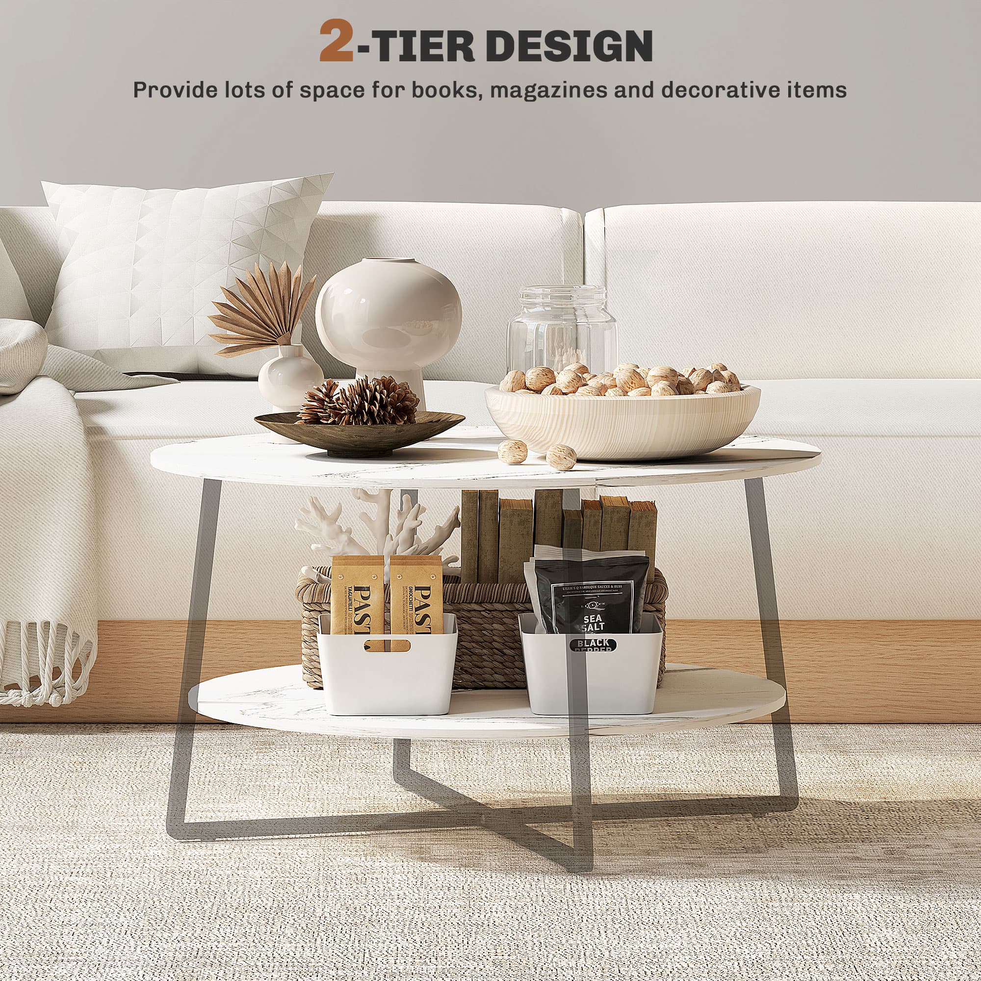 Round Marble-Effect Coffee Table — Two Tiers, Black Metal Frame - image 3